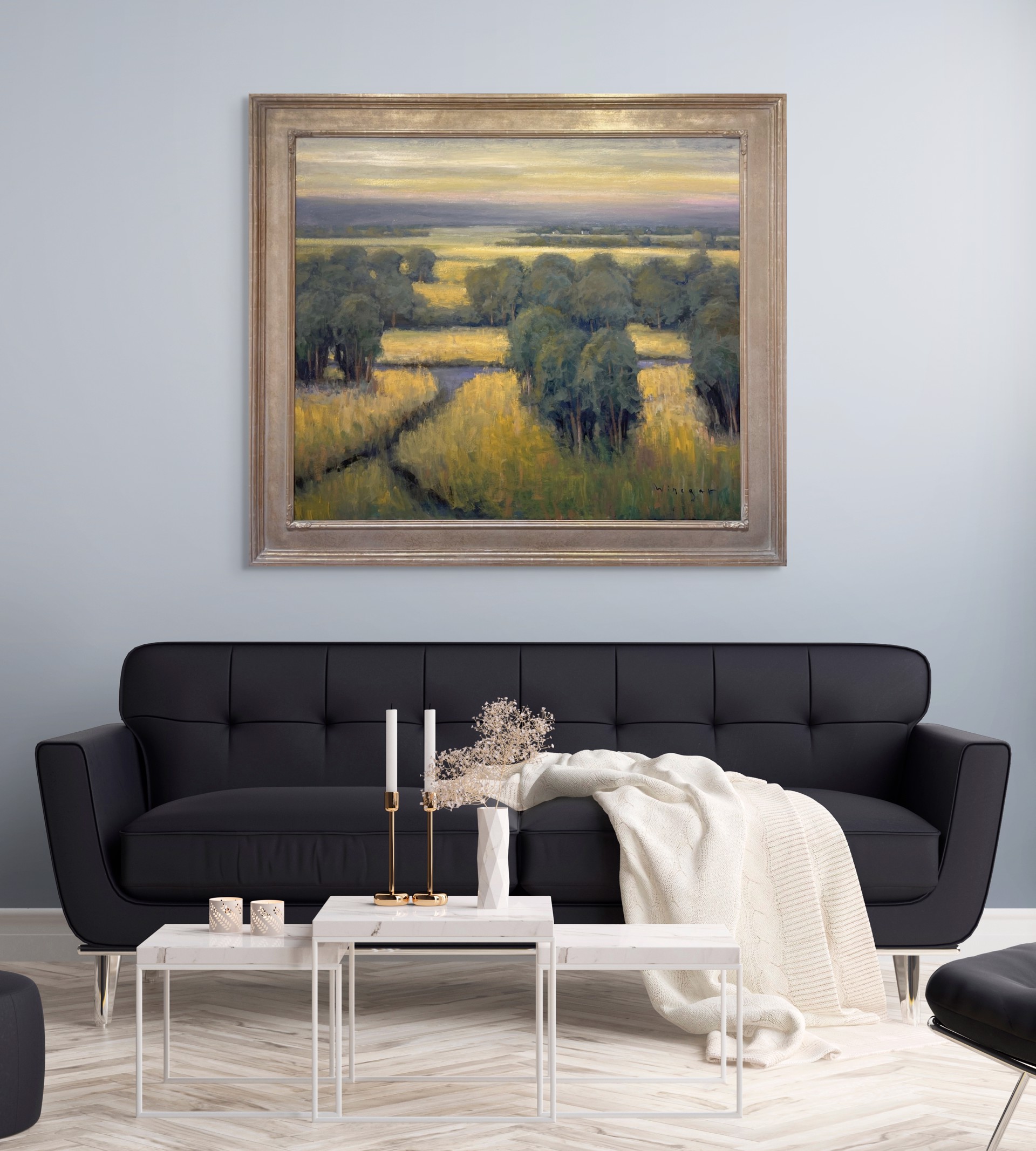 A painting of a field with trees in the distance.