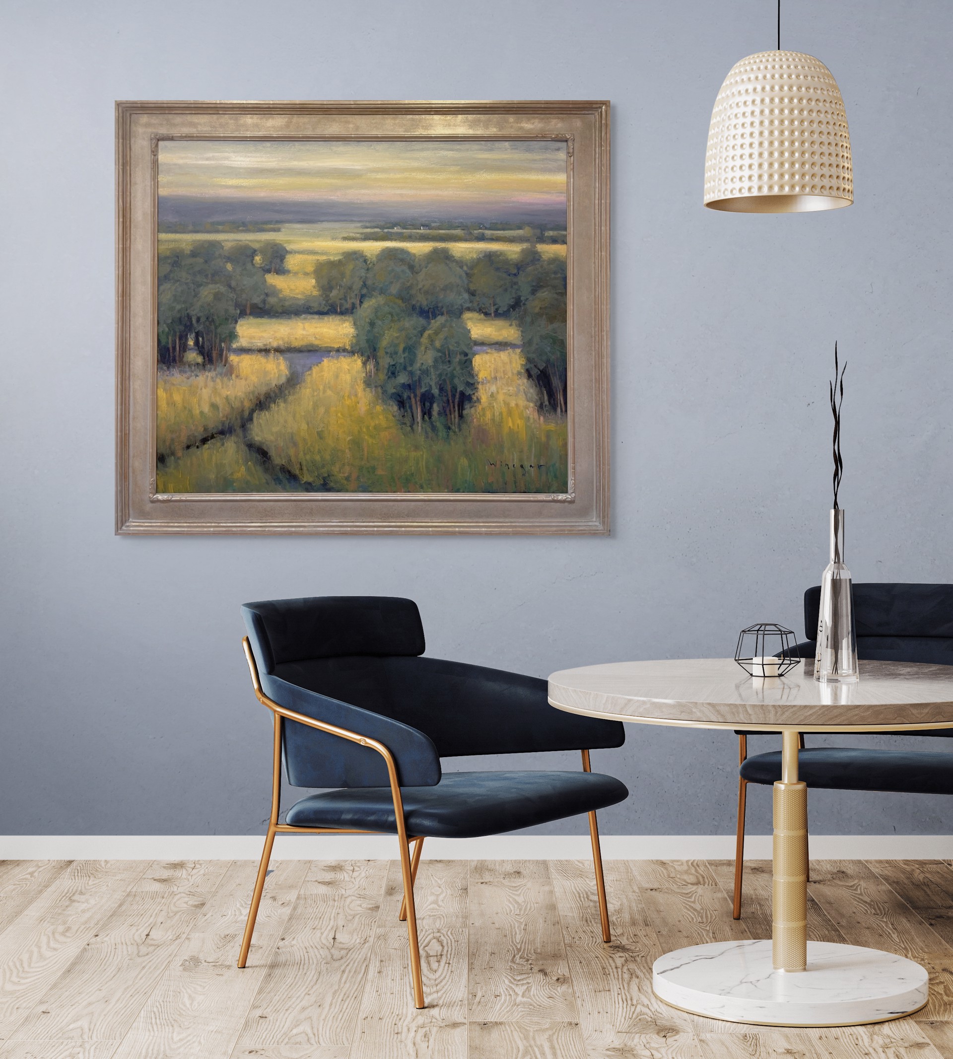 A painting of a field with trees in the distance.