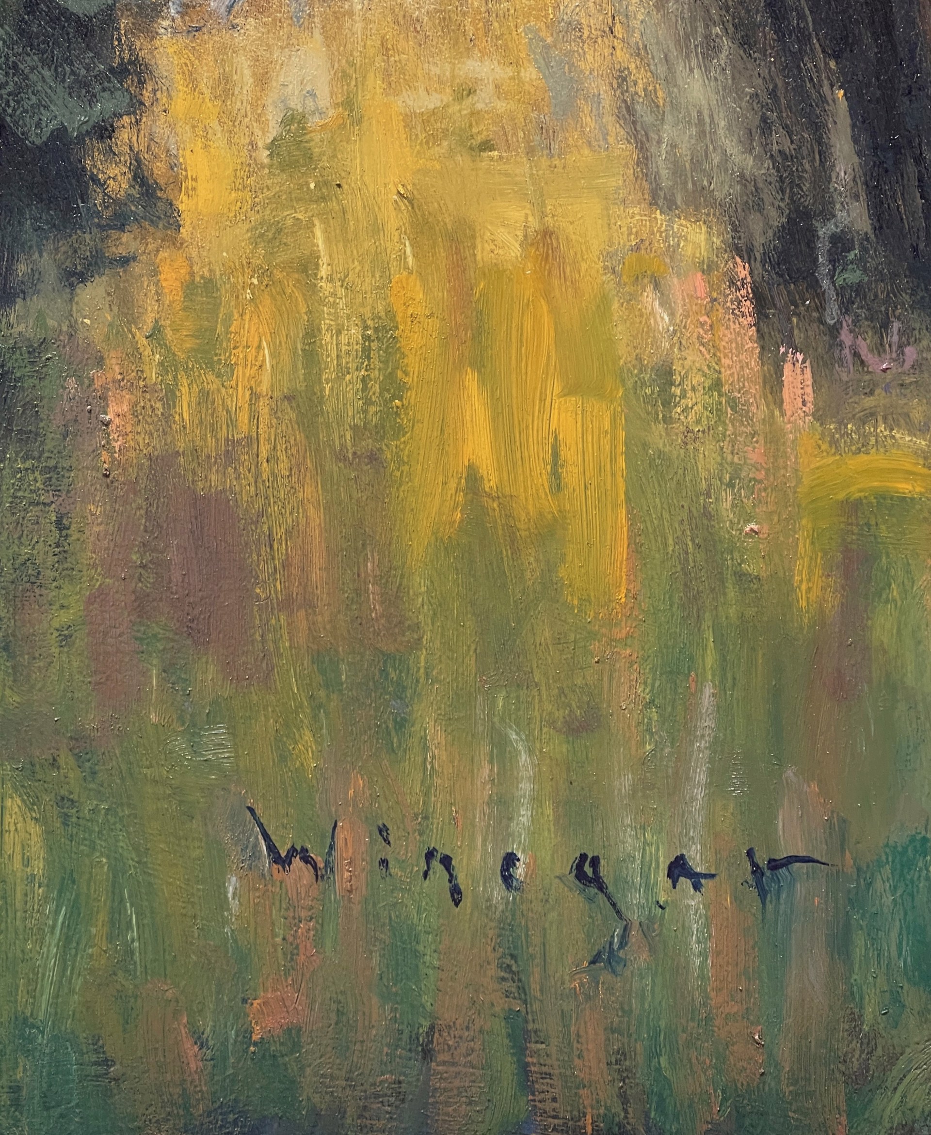 A painting of a field with trees in the distance.