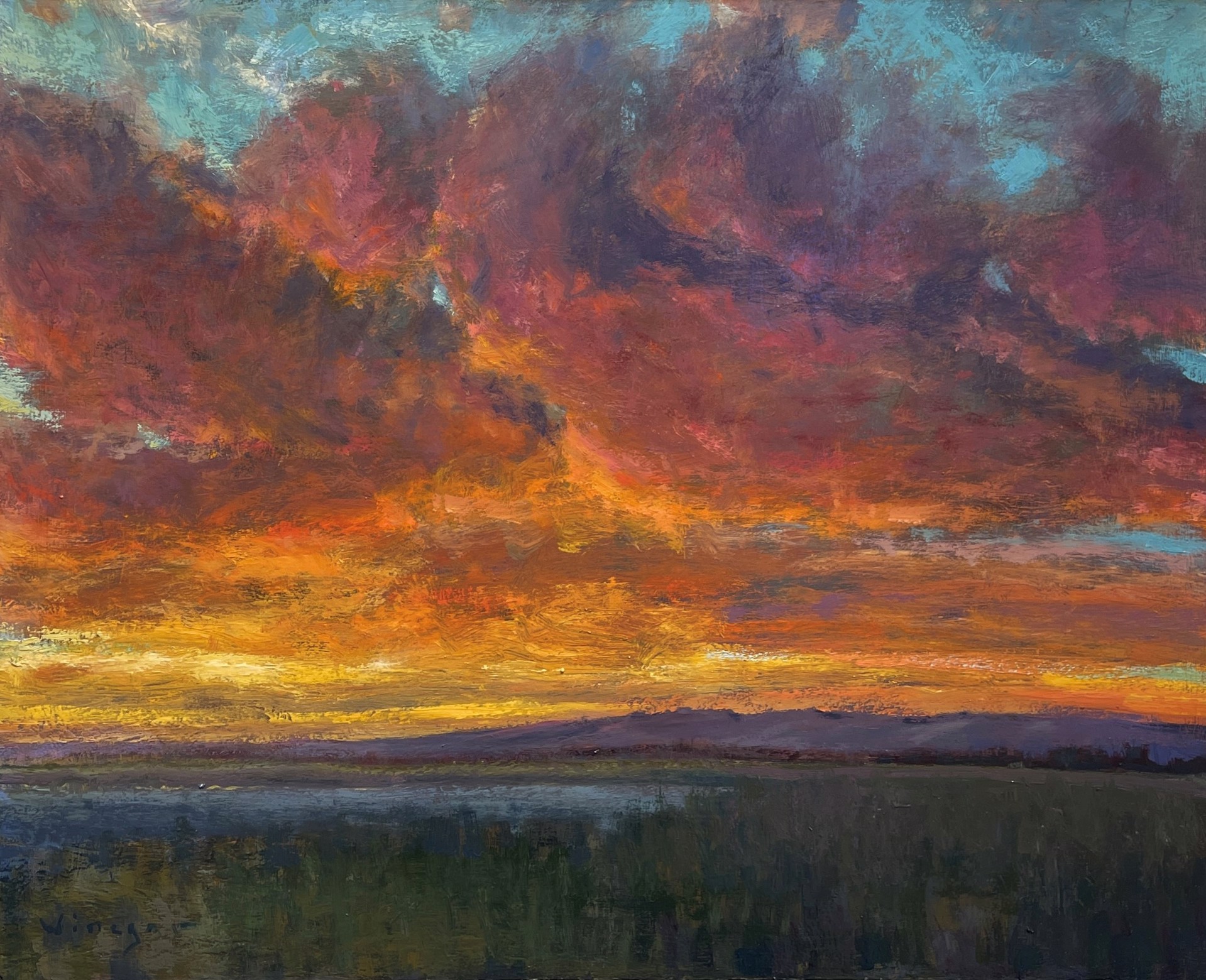 A painting of a sunset over a body of water.