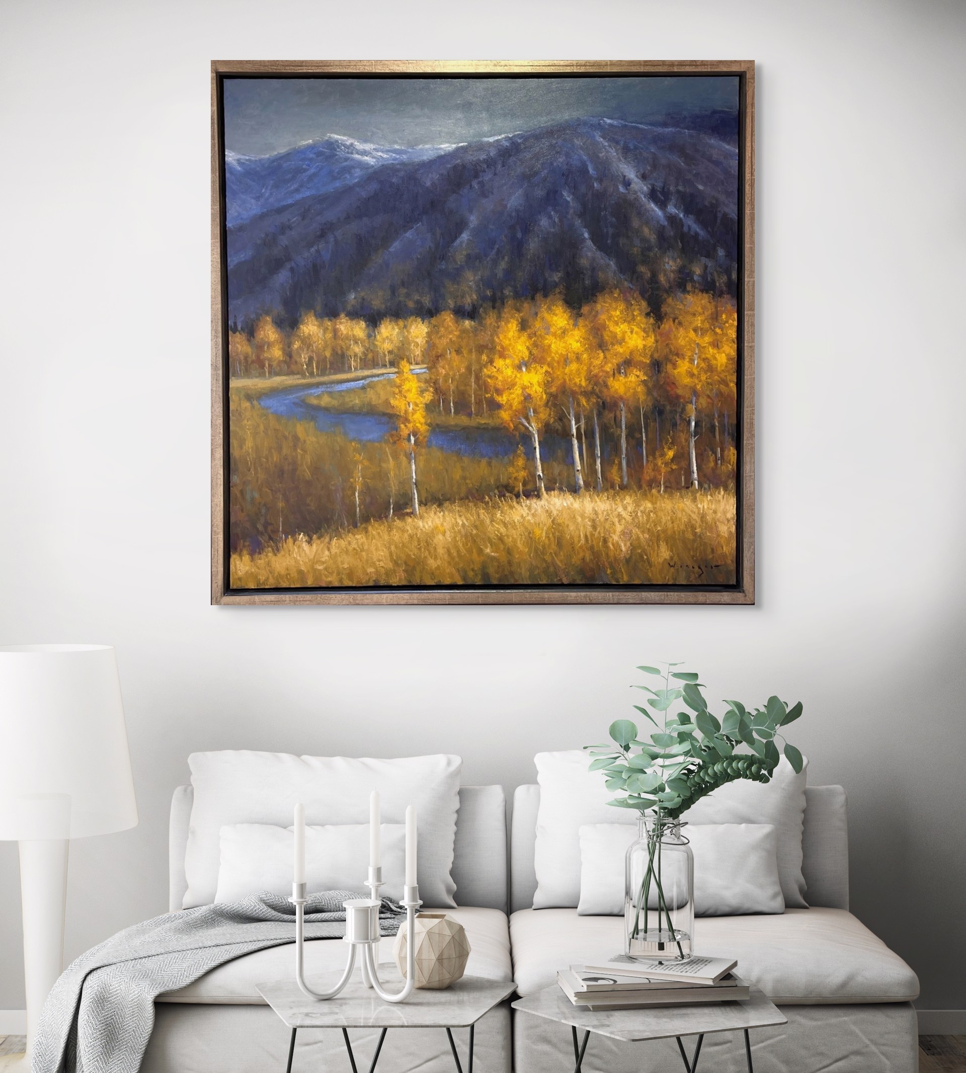 A vibrant autumn landscape painting featuring golden birch trees and a winding river against dark mountains.
