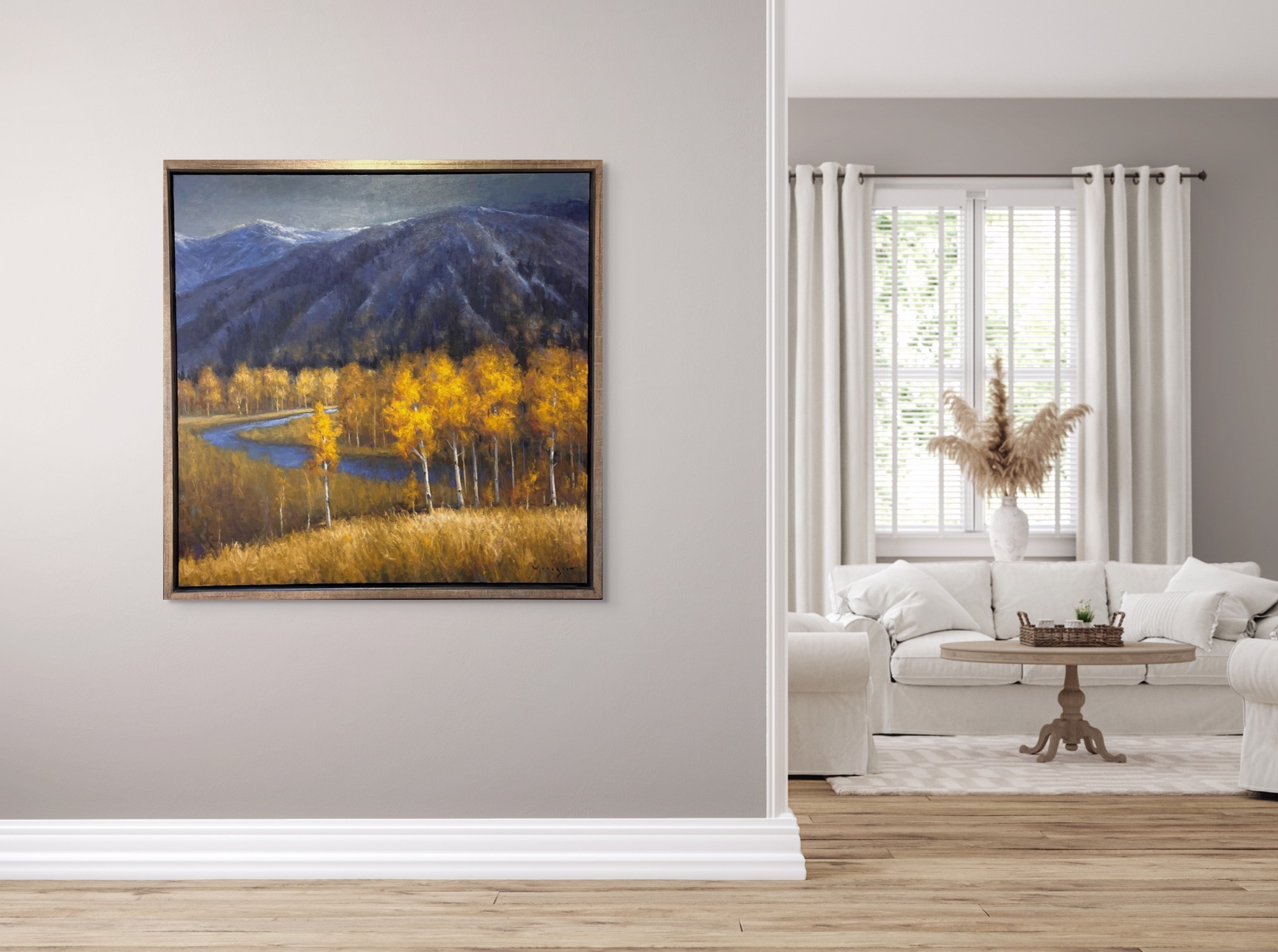 A vibrant autumn landscape painting featuring golden birch trees and a winding river against dark mountains.