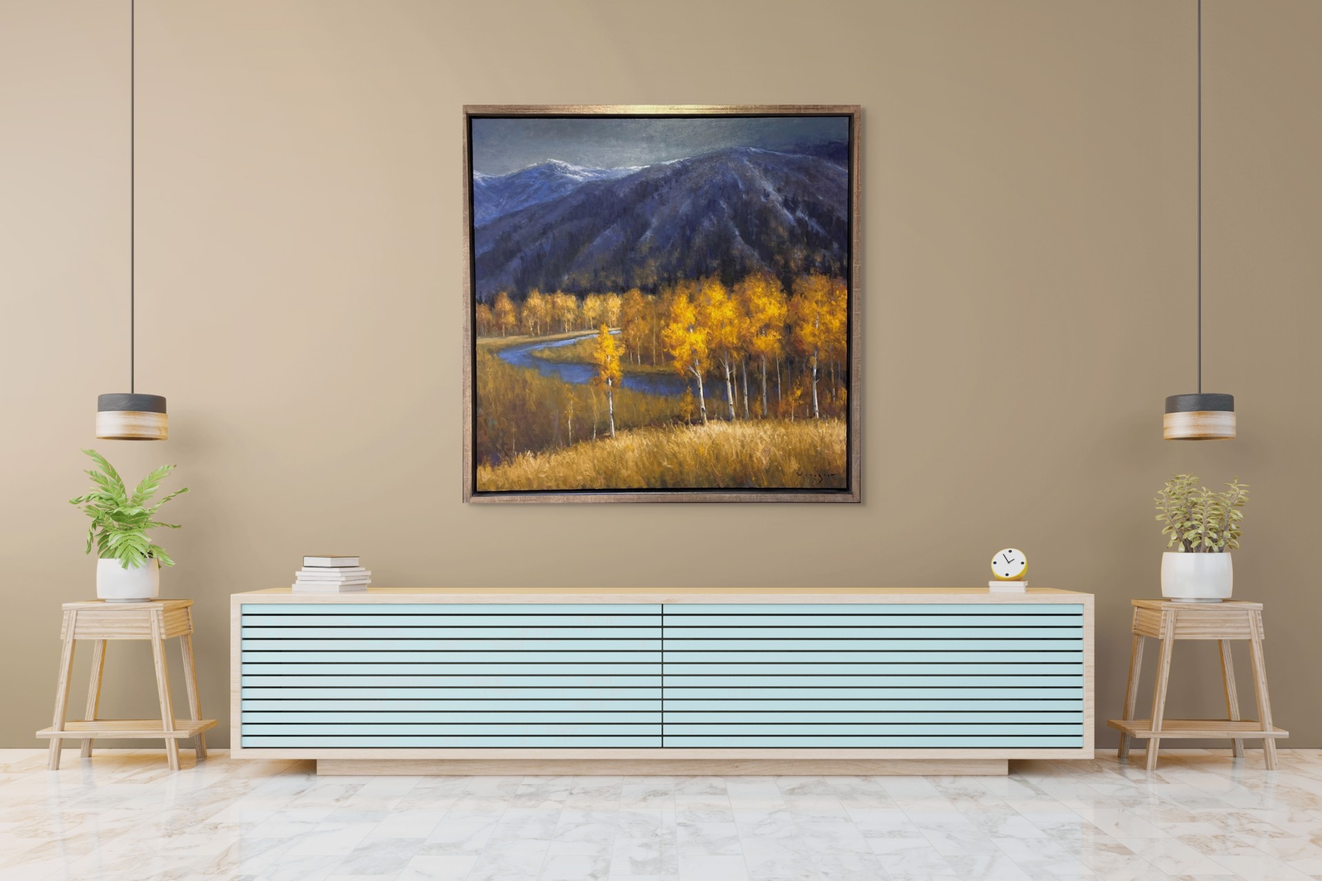 A vibrant autumn landscape painting featuring golden birch trees and a winding river against dark mountains.
