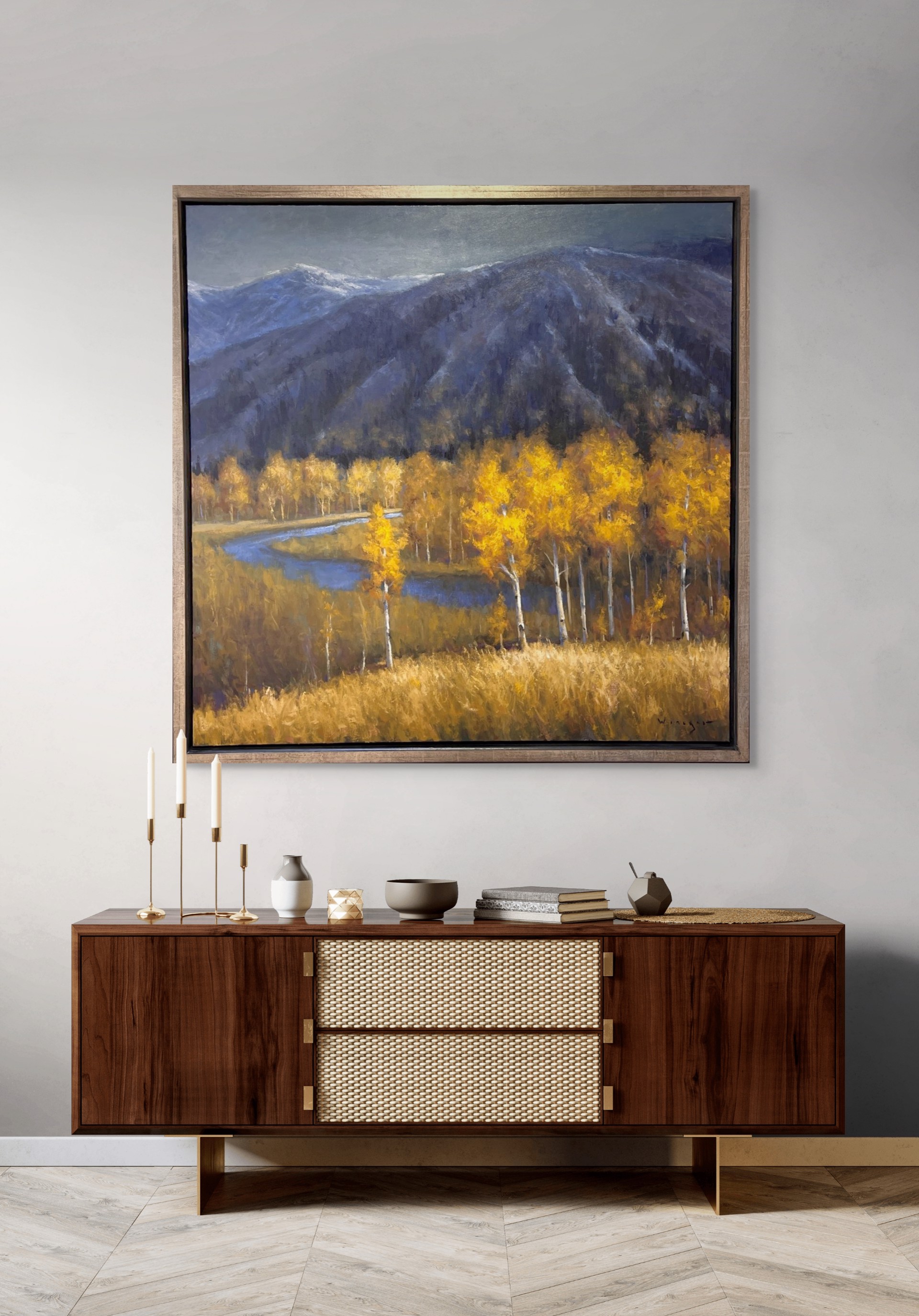 A vibrant autumn landscape painting featuring golden birch trees and a winding river against dark mountains.