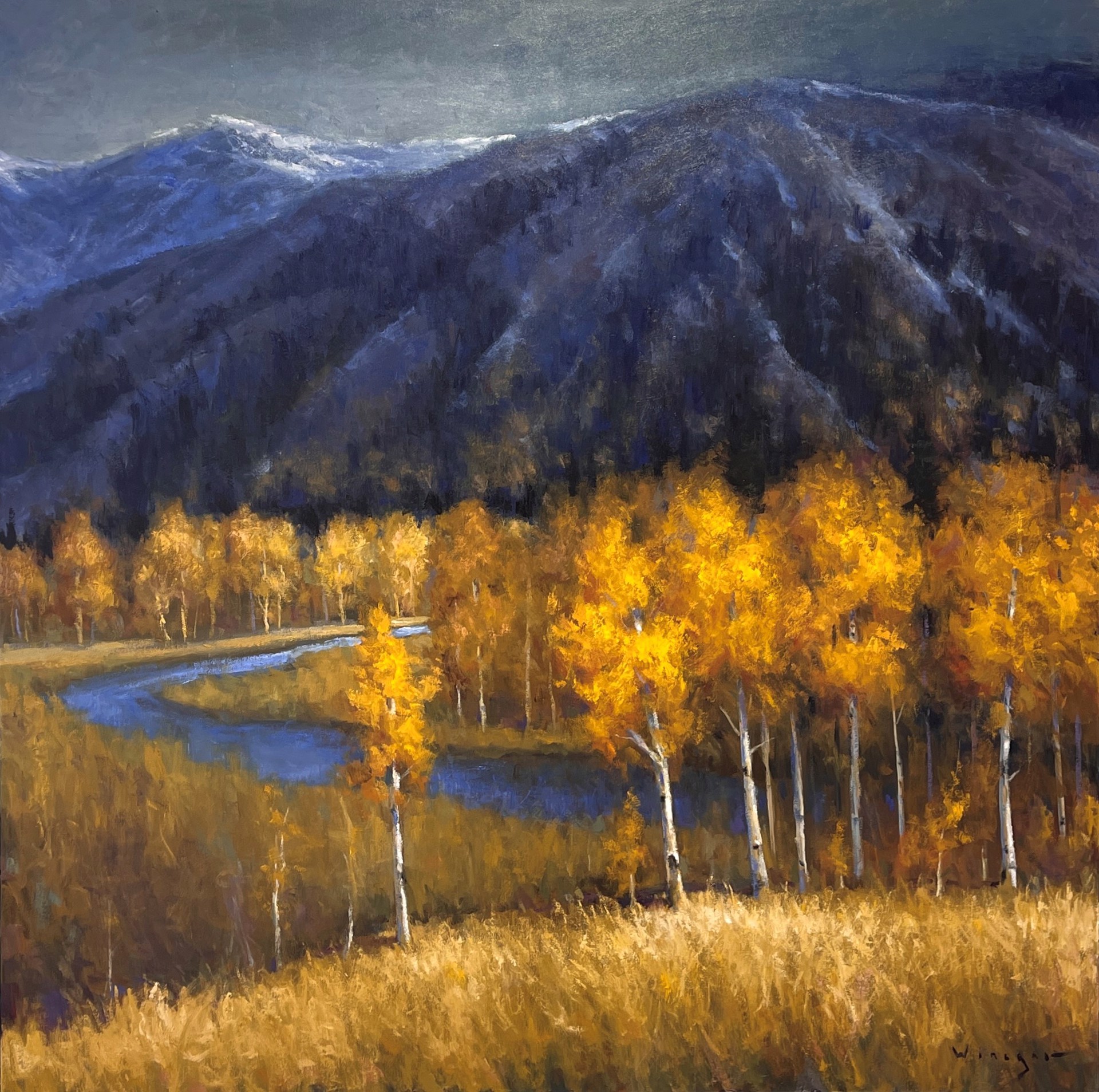 A vibrant autumn landscape painting featuring golden birch trees and a winding river against dark mountains.