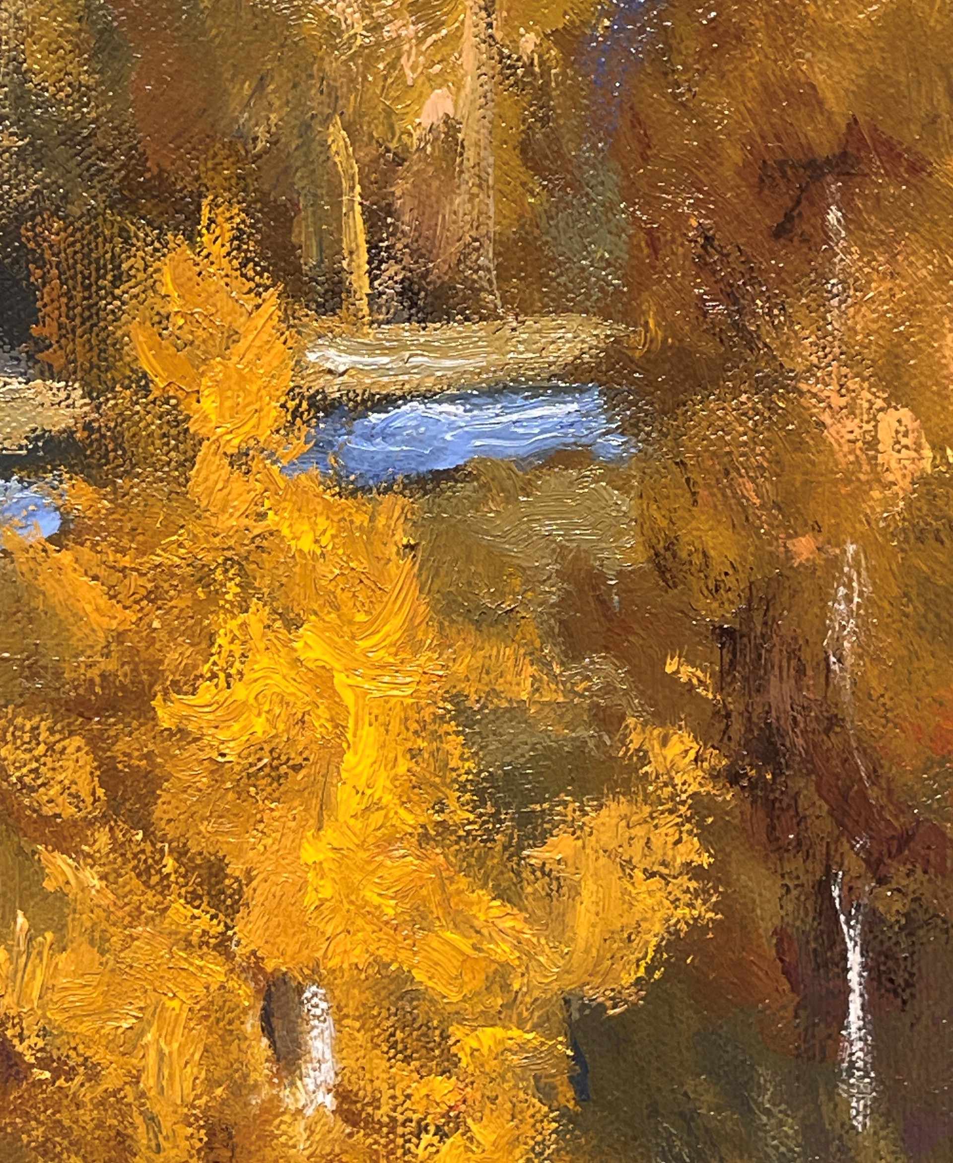 A vibrant autumn landscape painting featuring golden birch trees and a winding river against dark mountains.