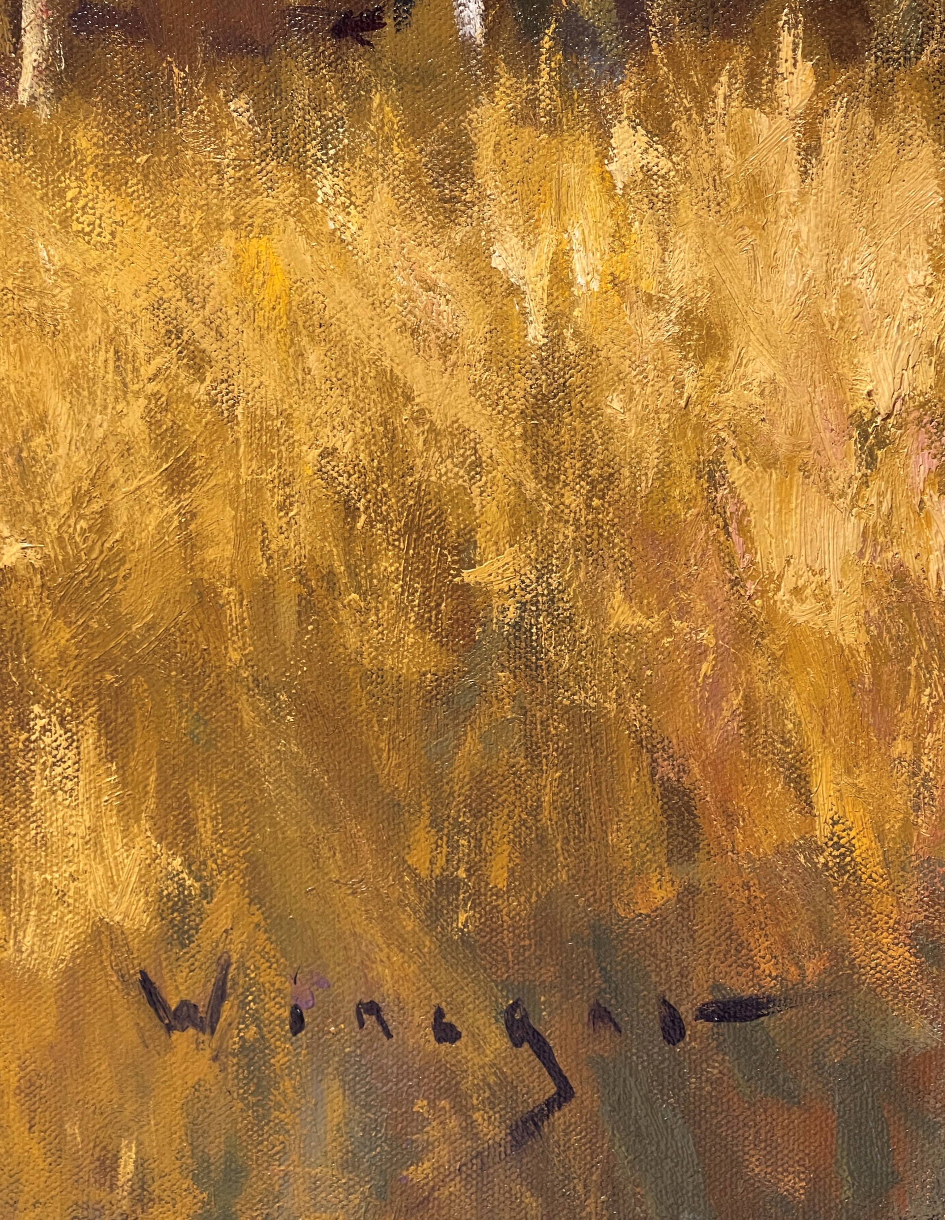 A vibrant autumn landscape painting featuring golden birch trees and a winding river against dark mountains.