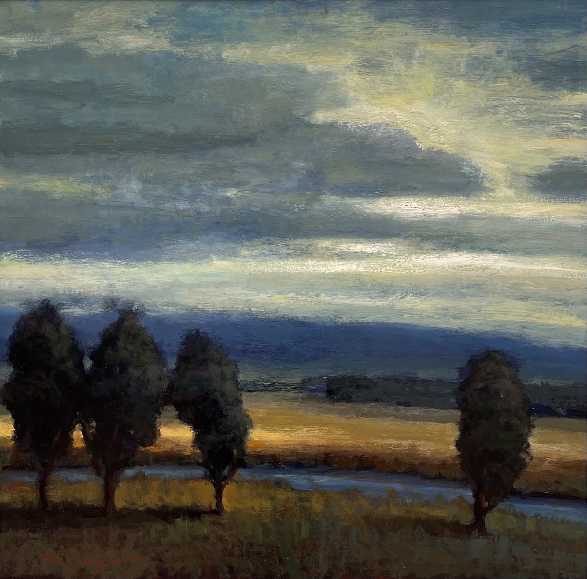 A painting of three trees in a field at sunset.