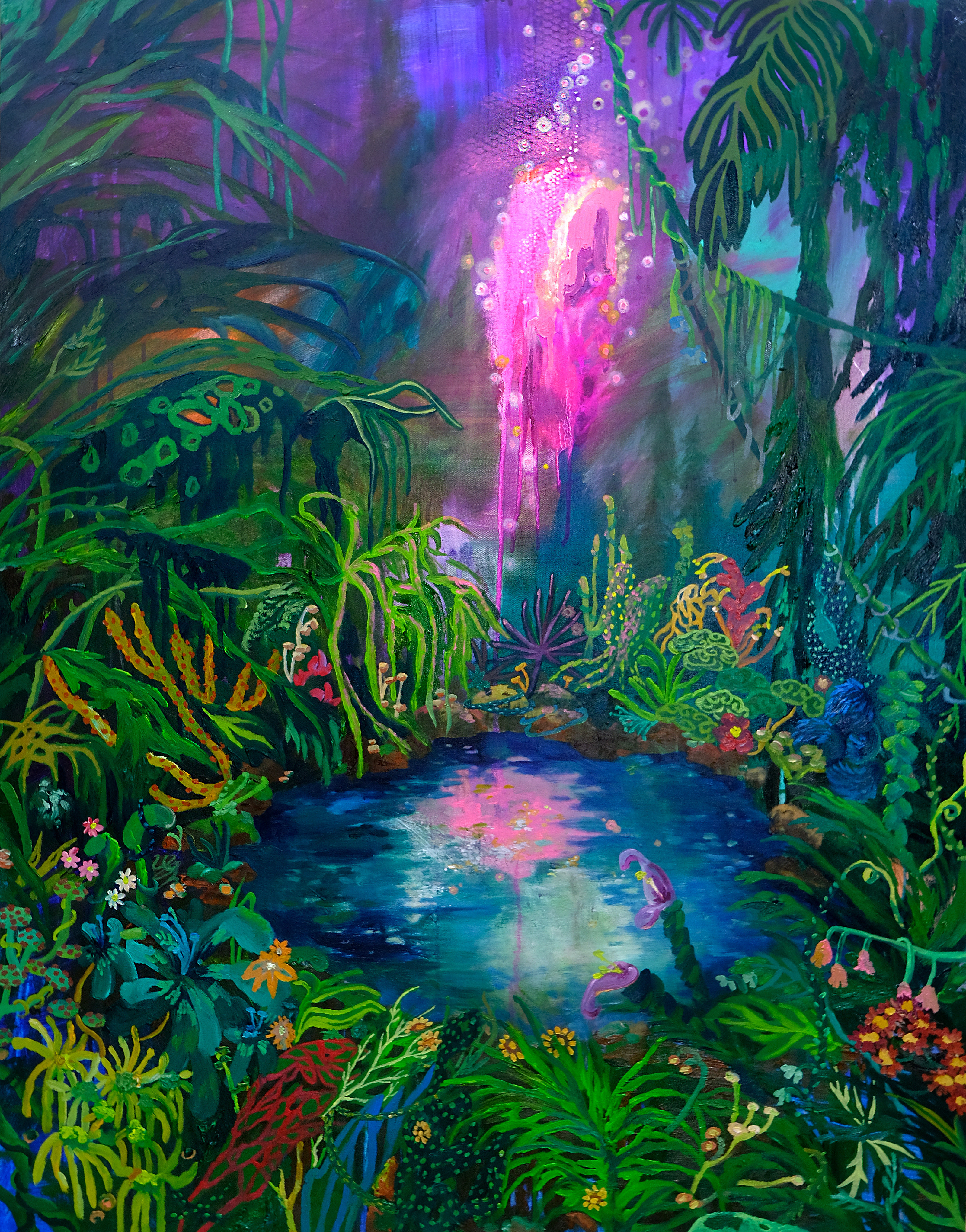 A painting of a stream in the middle of a lush green forest.