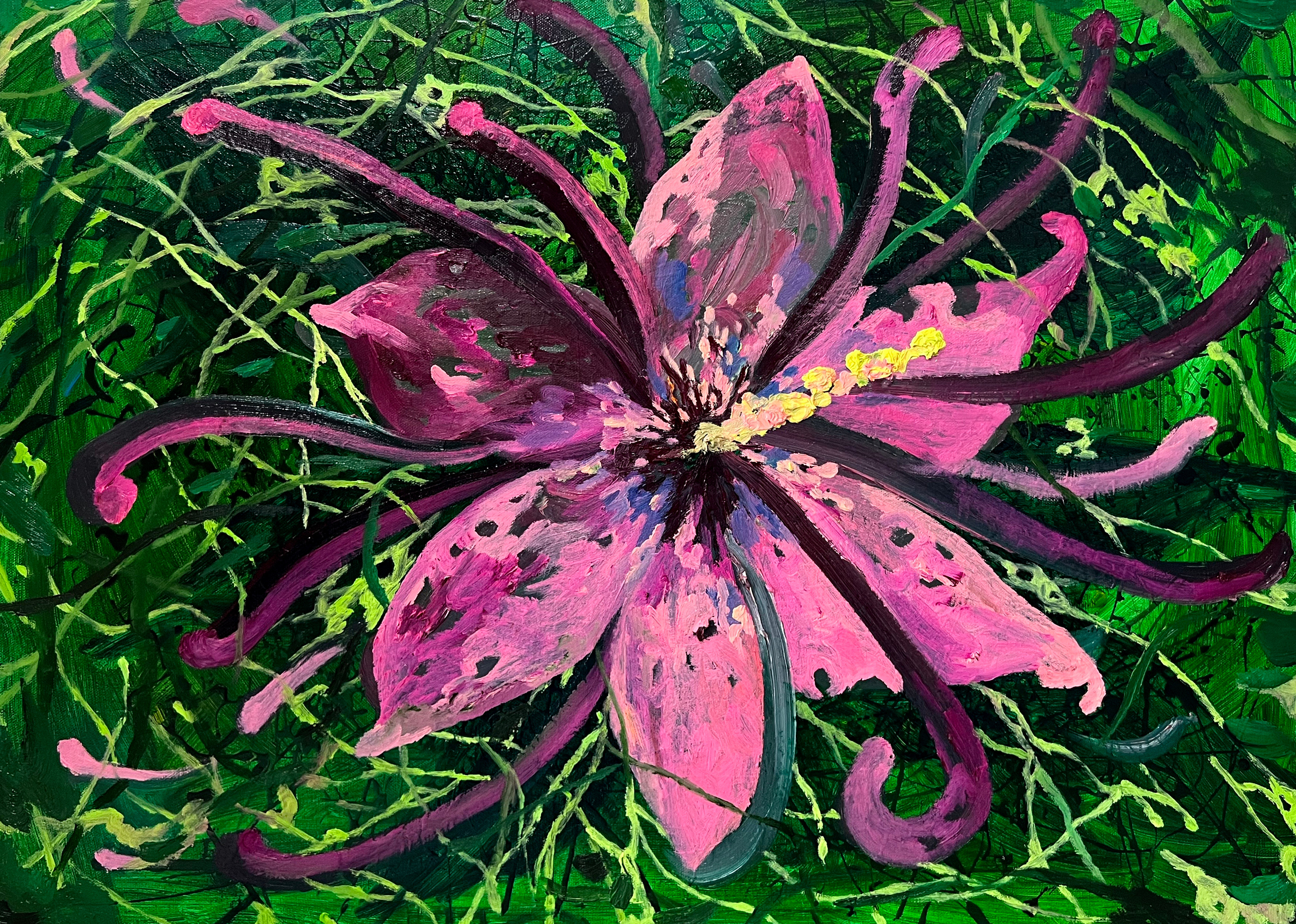 A painting of a pink flower on a green background.