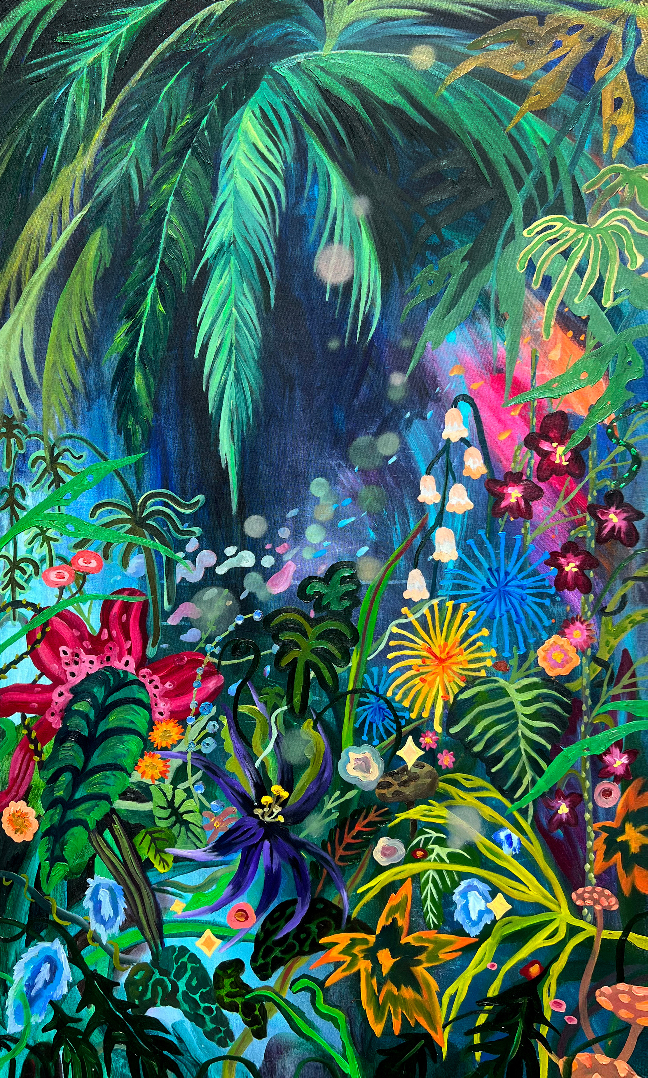 A painting of tropical plants and flowers in a jungle.