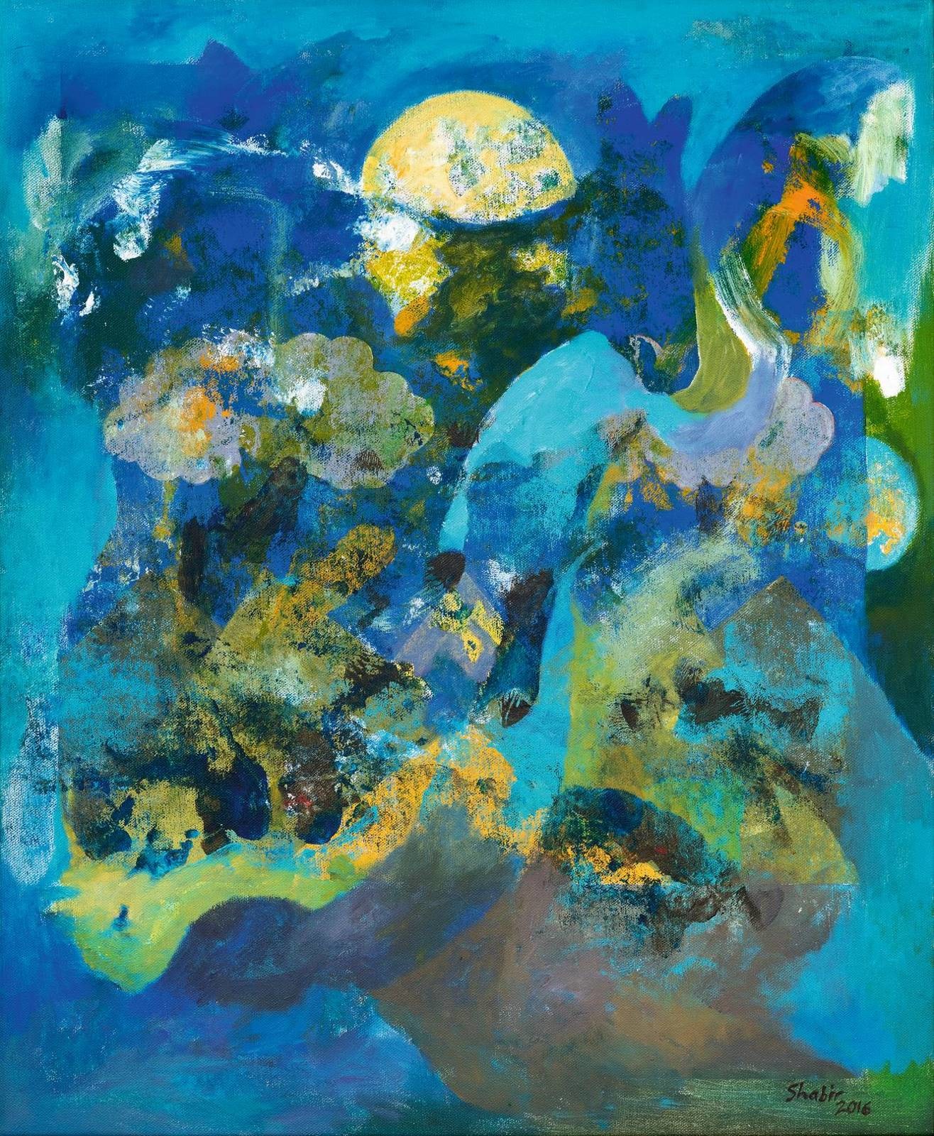 A painting of a blue and yellow abstract painting with a full moon in the background.
