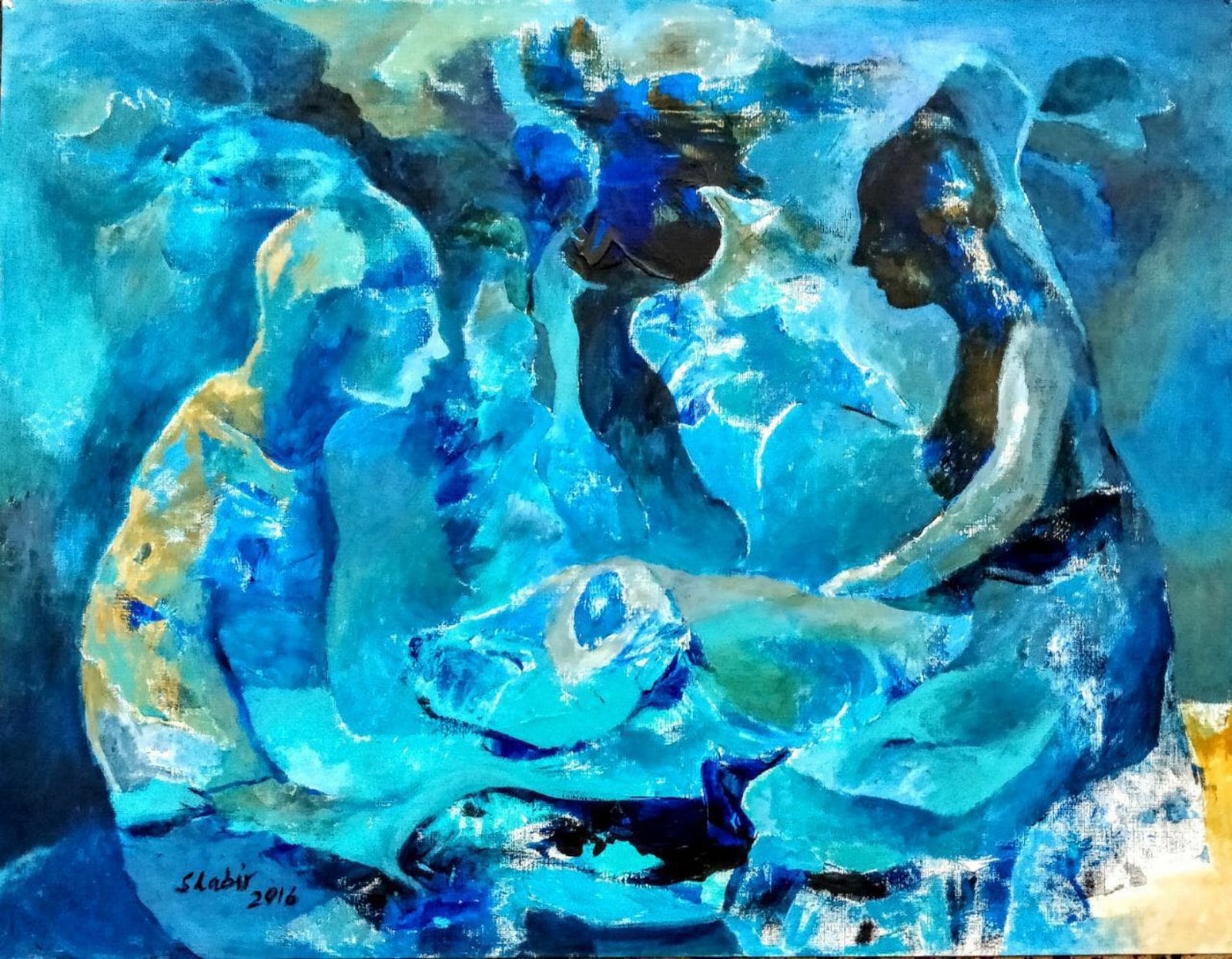 A painting of a group of people in blue and yellow.