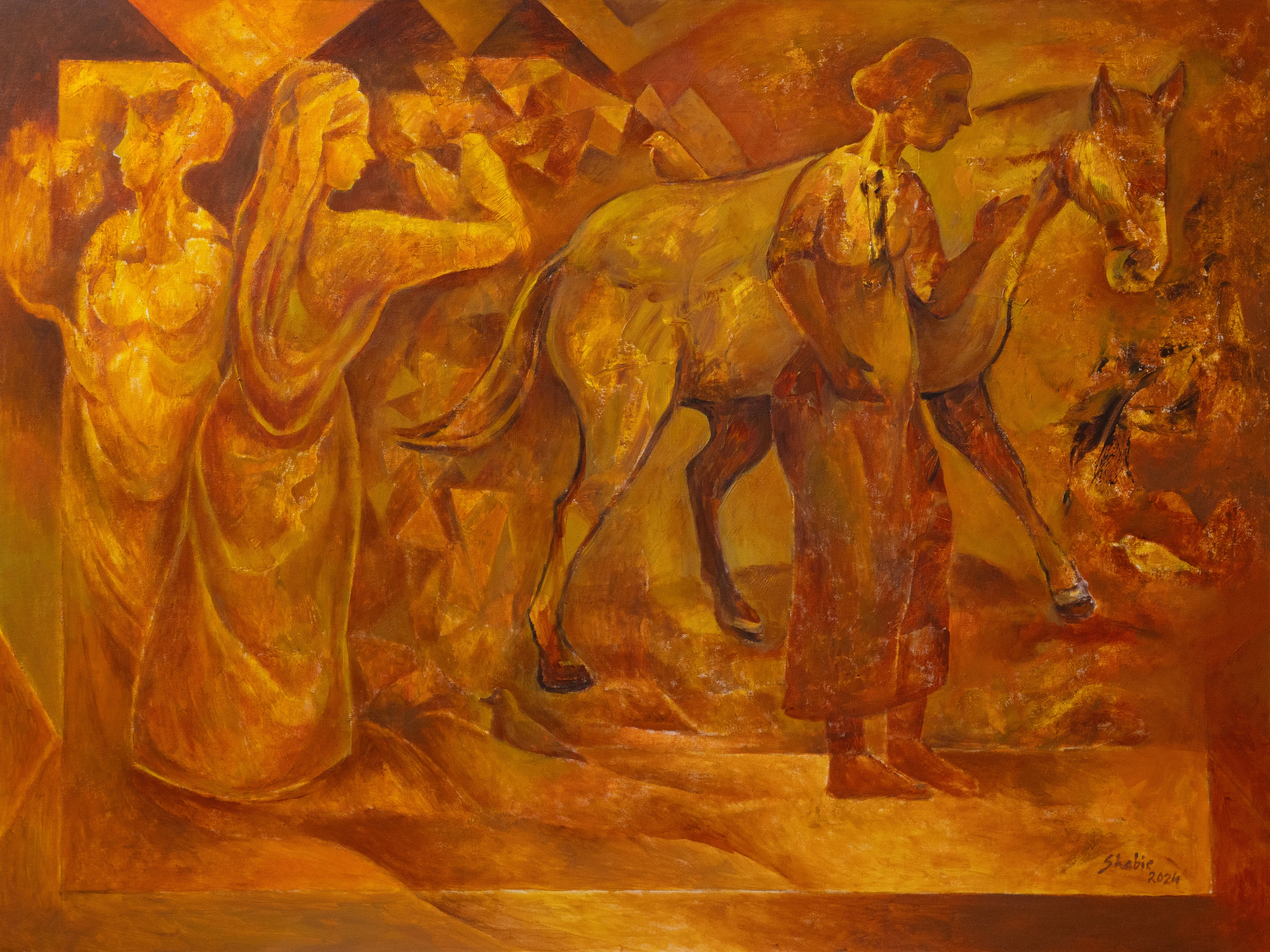 A warm-toned painting of two figures and a horse in an abstract landscape.