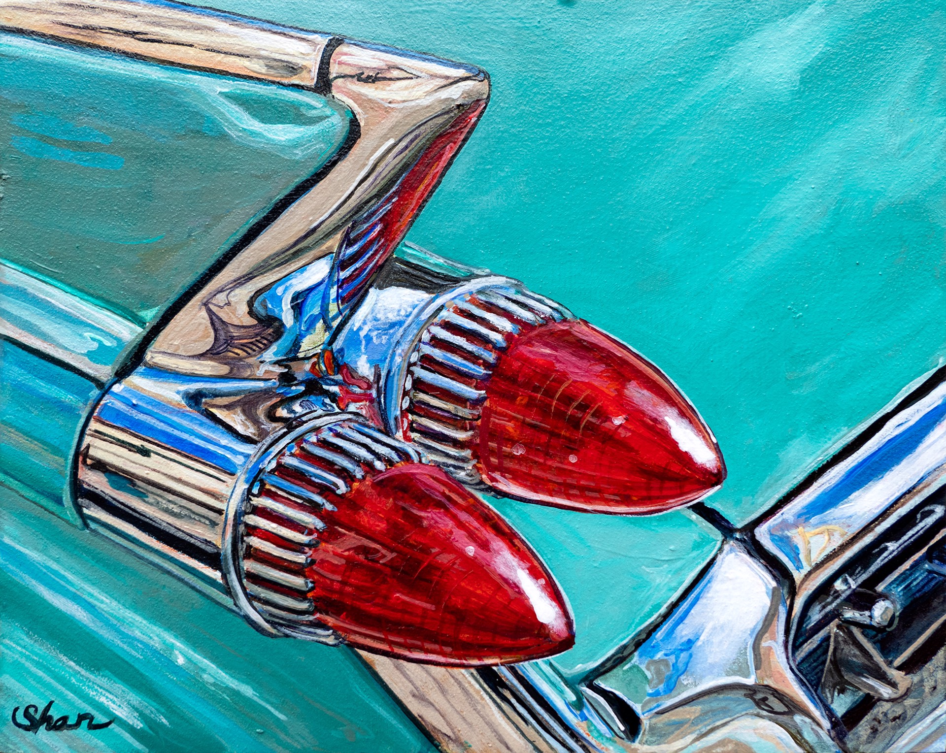 A painting of a car's tail light on a blue background.