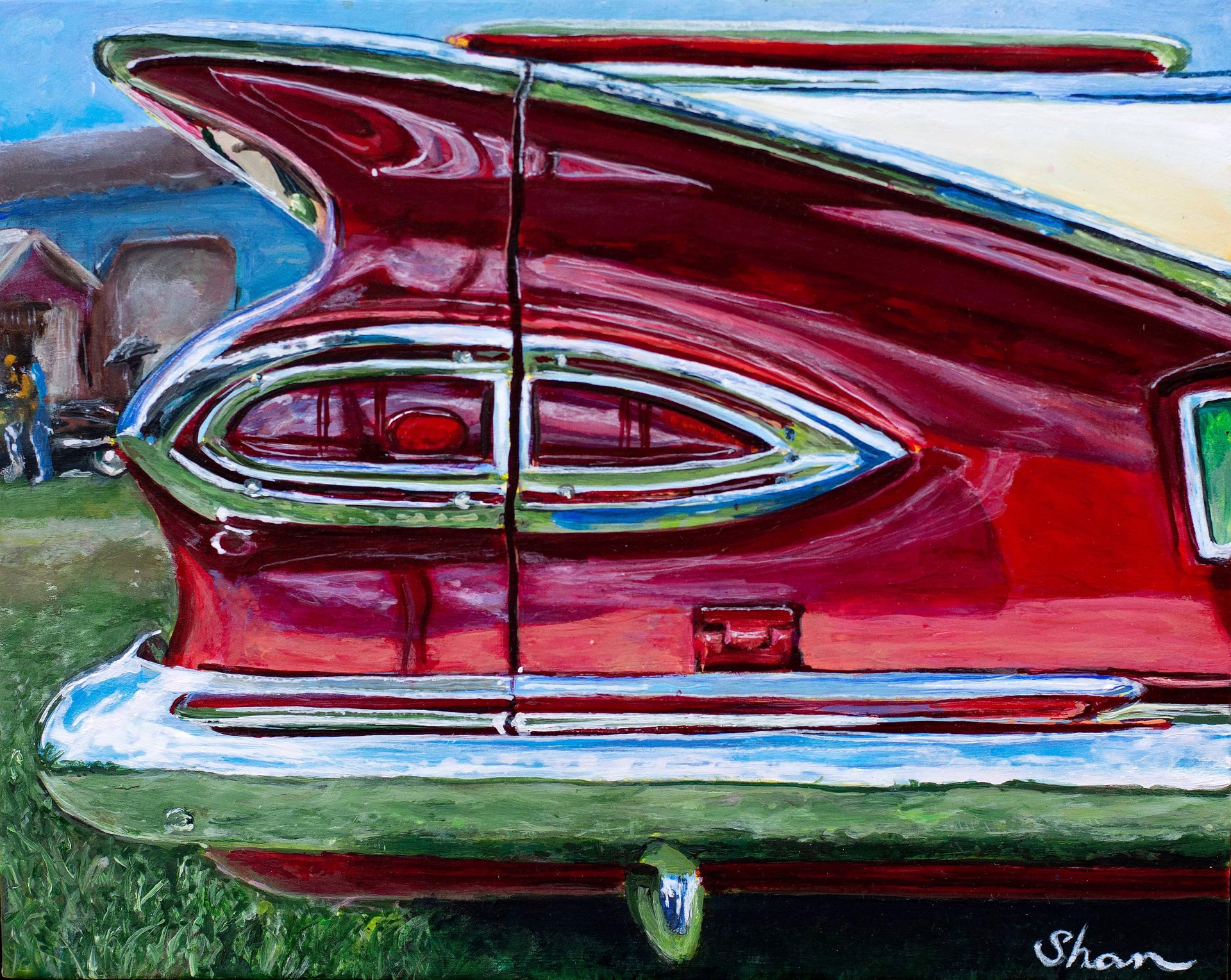 A painting of a red car parked in a field.