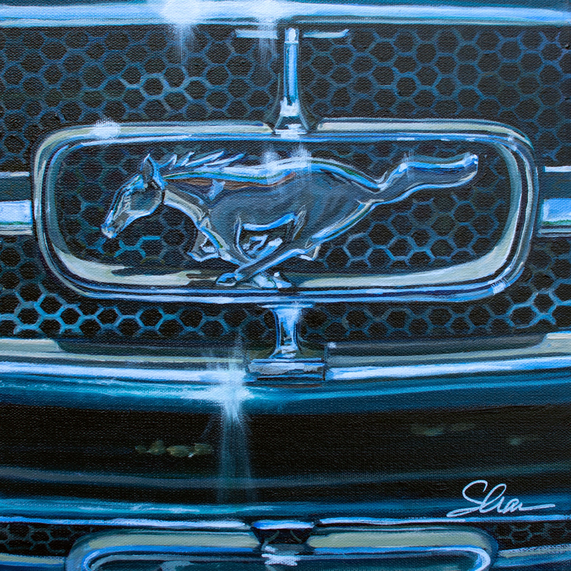 A painting of a mustang logo on the front of a car.