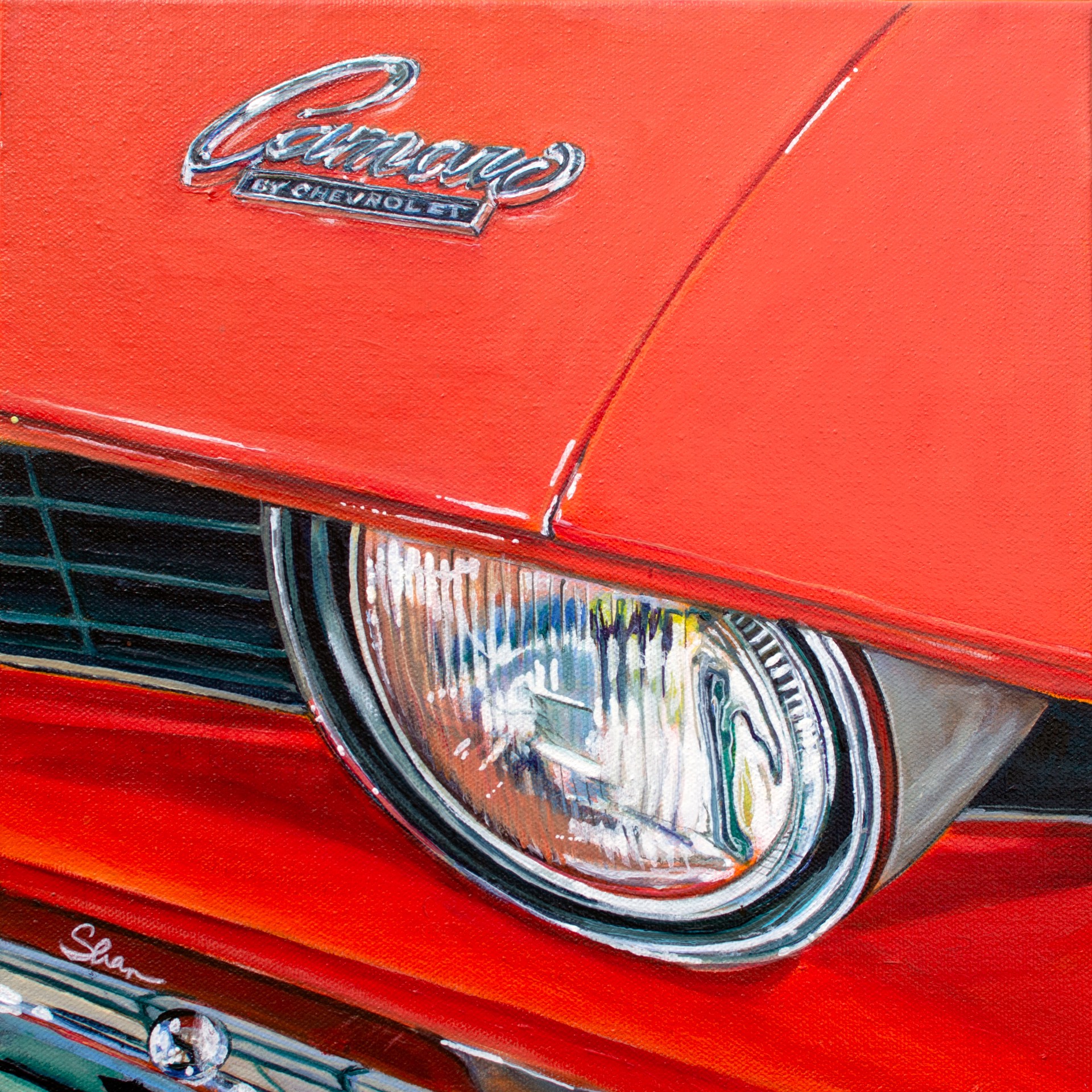A painting of a red car with the word Camaro written on it.