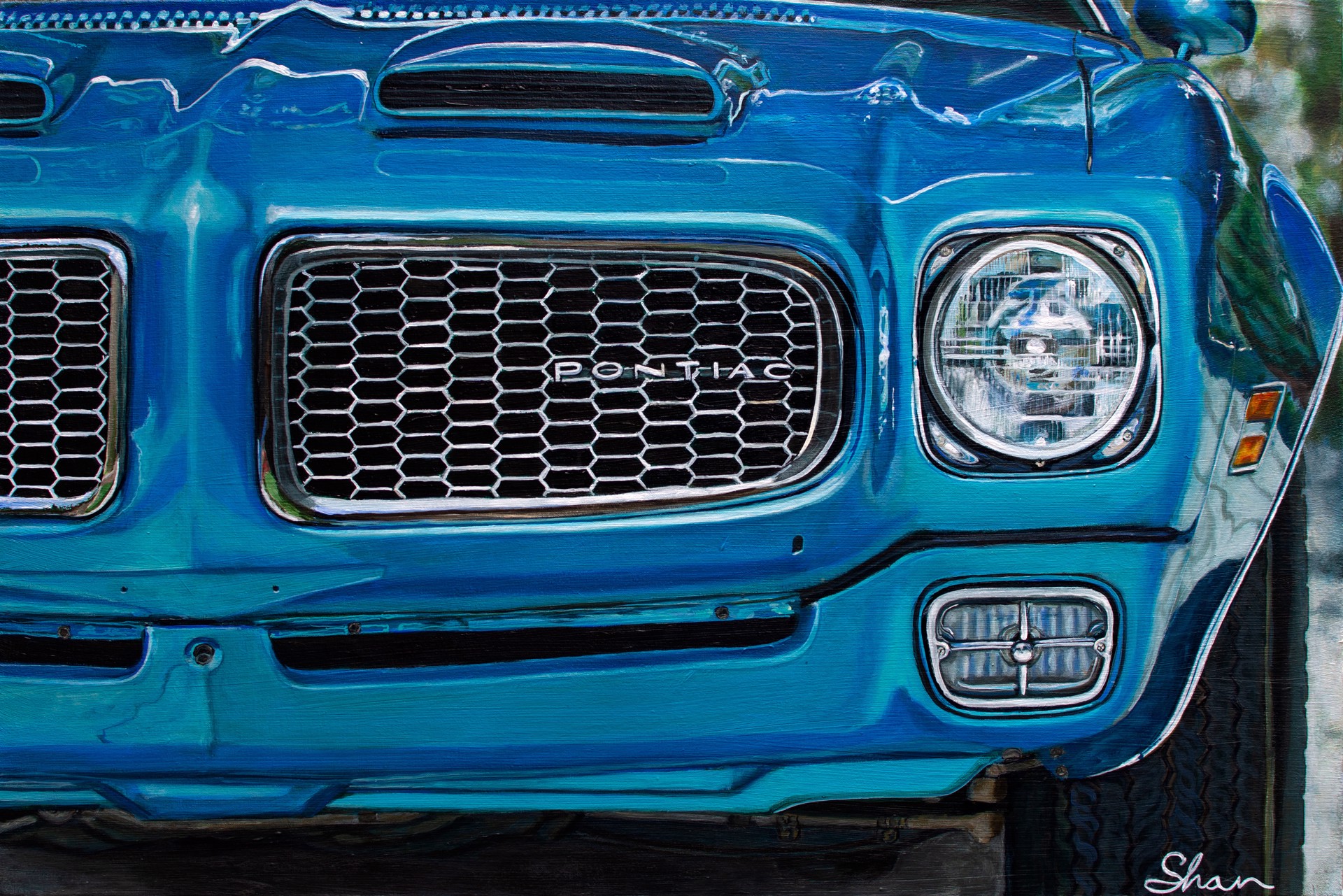 A painting of a blue Pontiac Firebird parked in a parking lot.