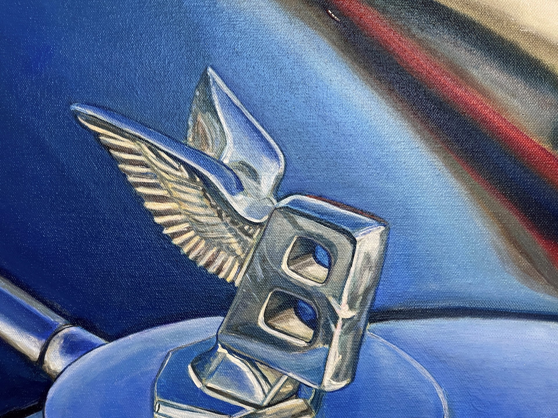 A painting of a blue car with a bentley logo on it.