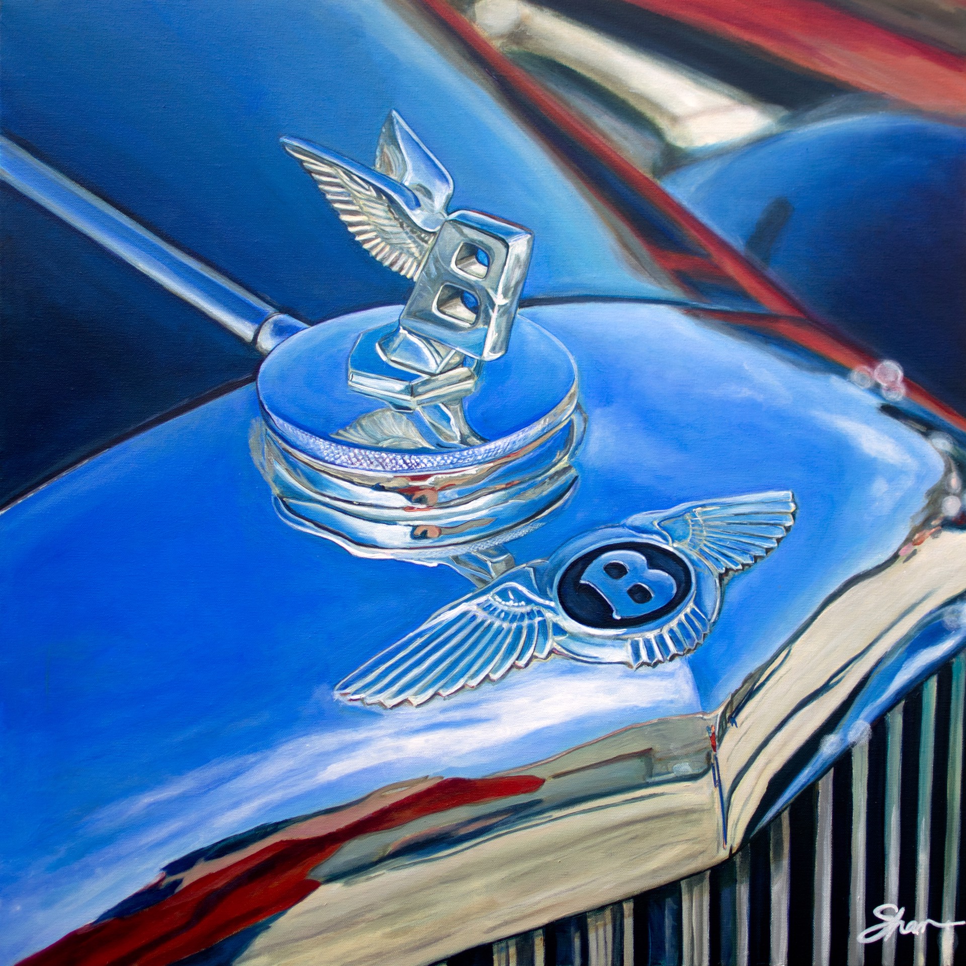 A painting of a blue car with a bentley logo on it.
