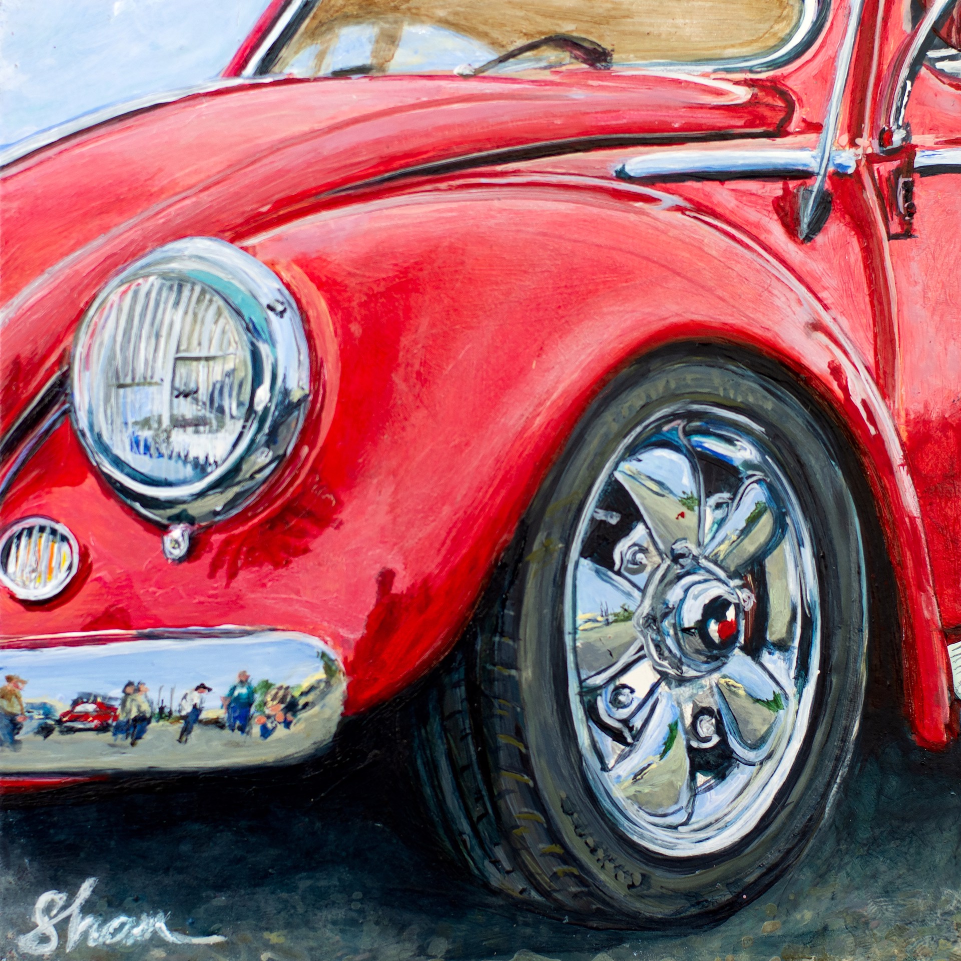 A painting of a red car parked on the side of the road.