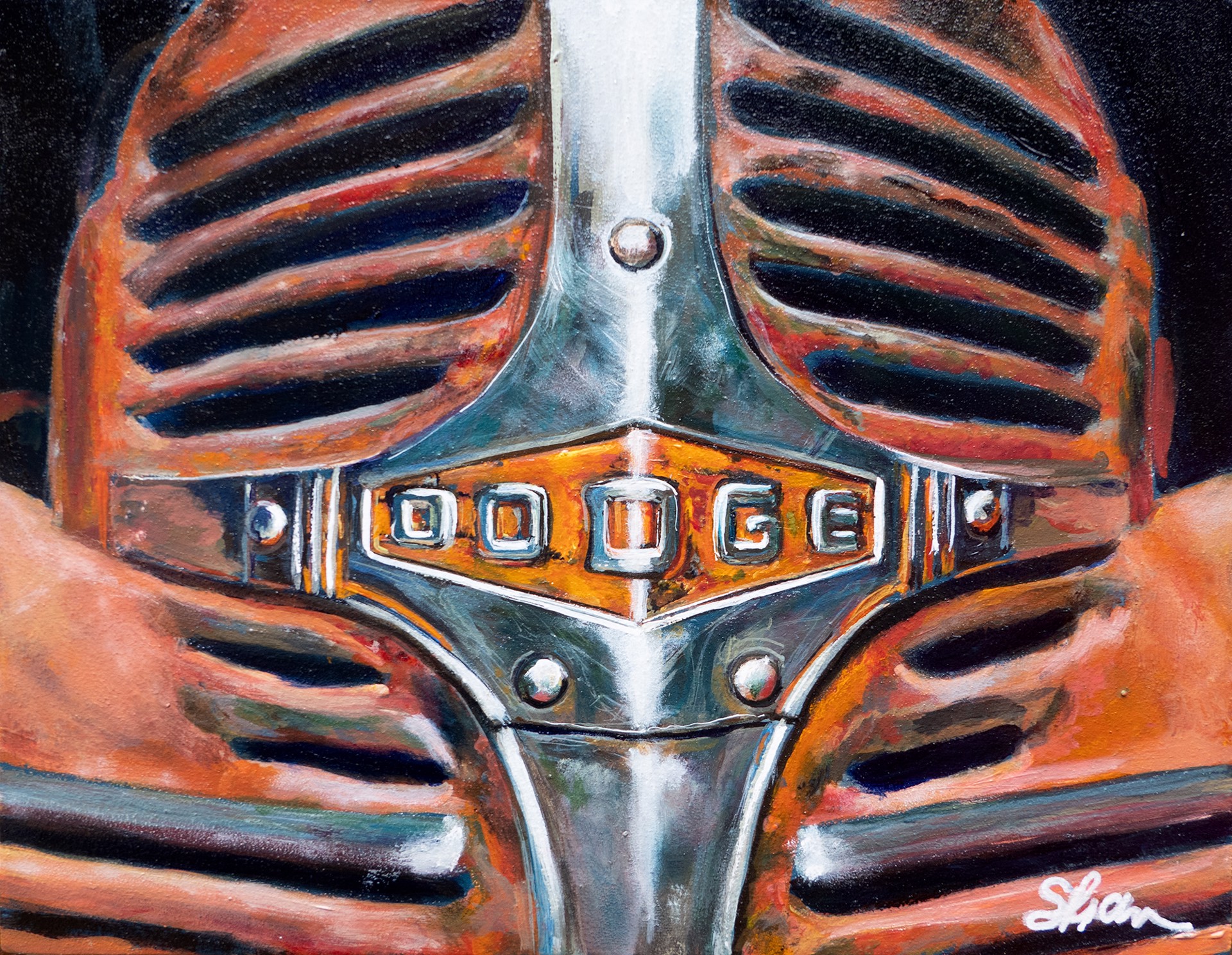 A painting of a vintage car with a microphone on it.