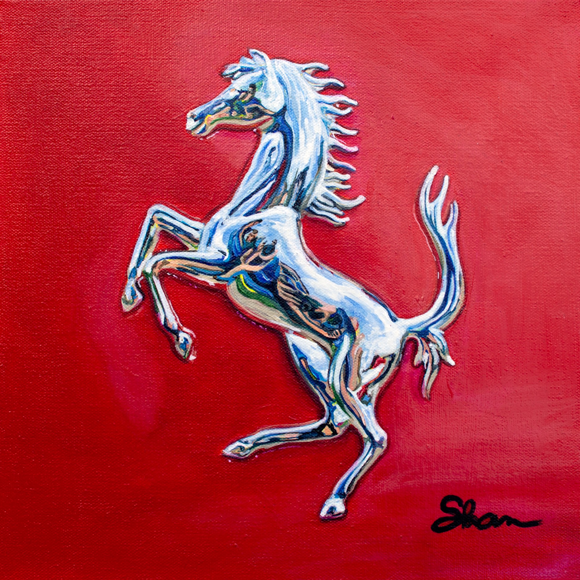 A painting of a silver horse on a red background.