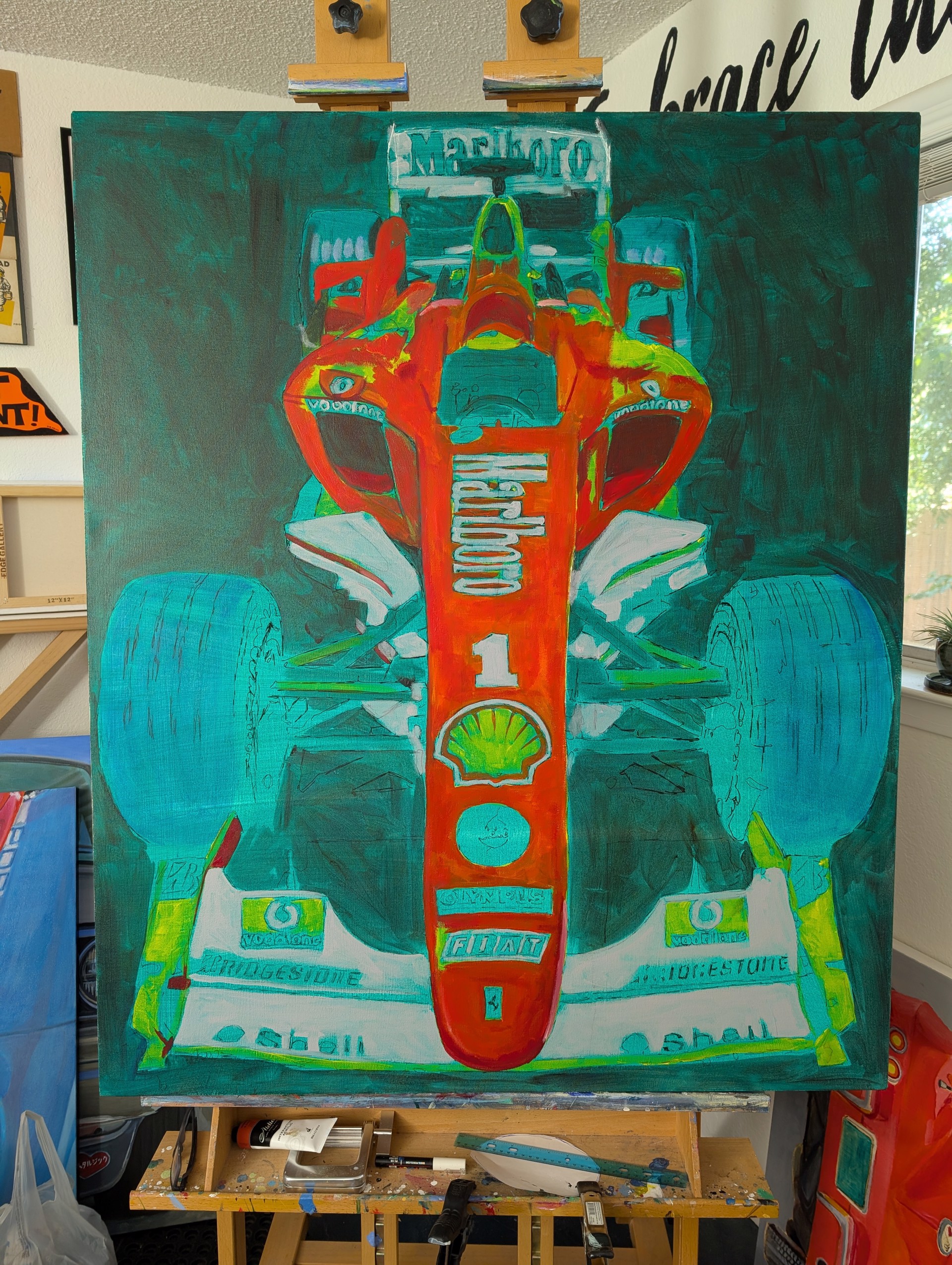 A detailed painting of a Formula One race car viewed from the front.