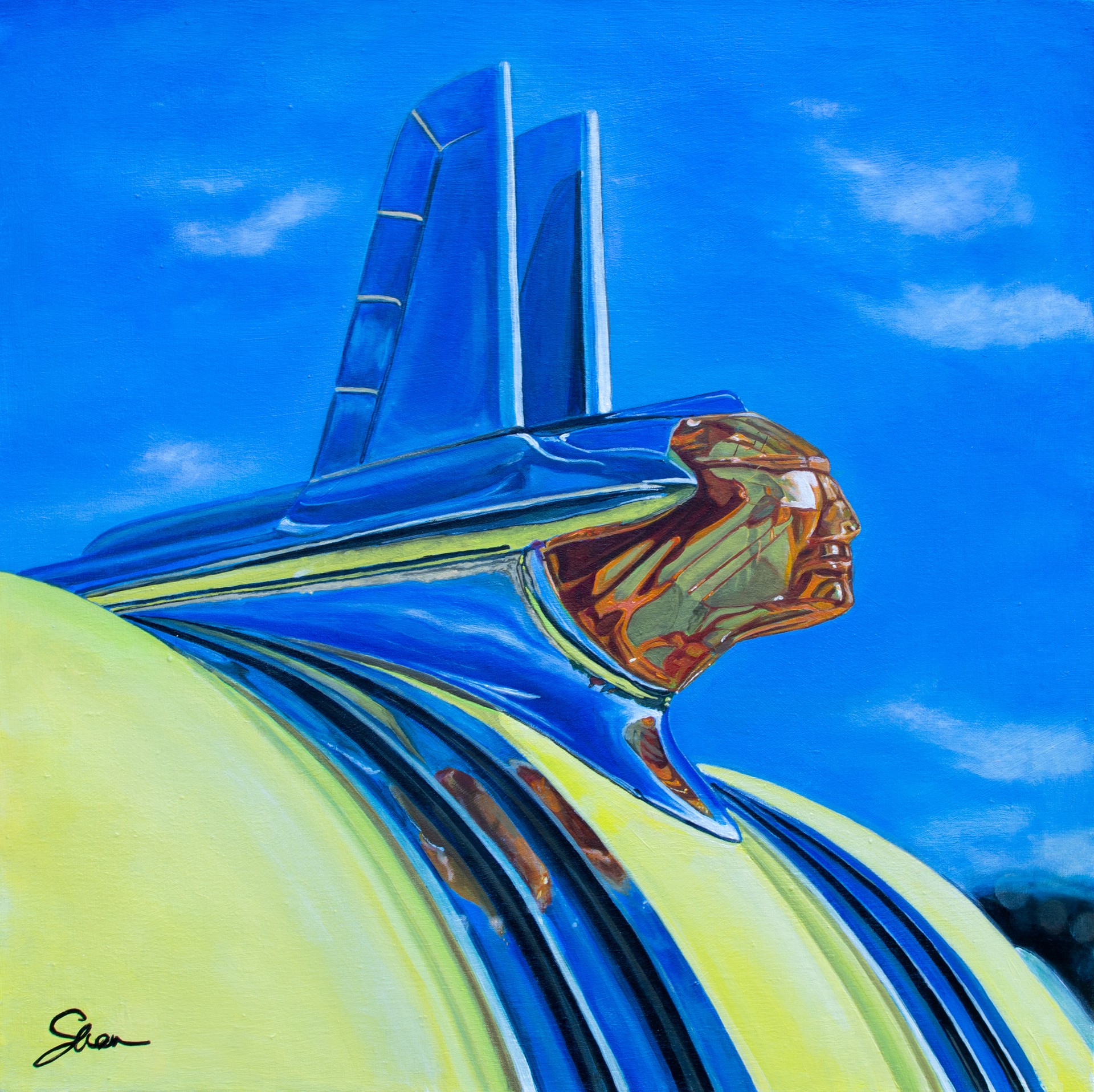 A painting of a yellow and blue car with a blue sky in the background.
