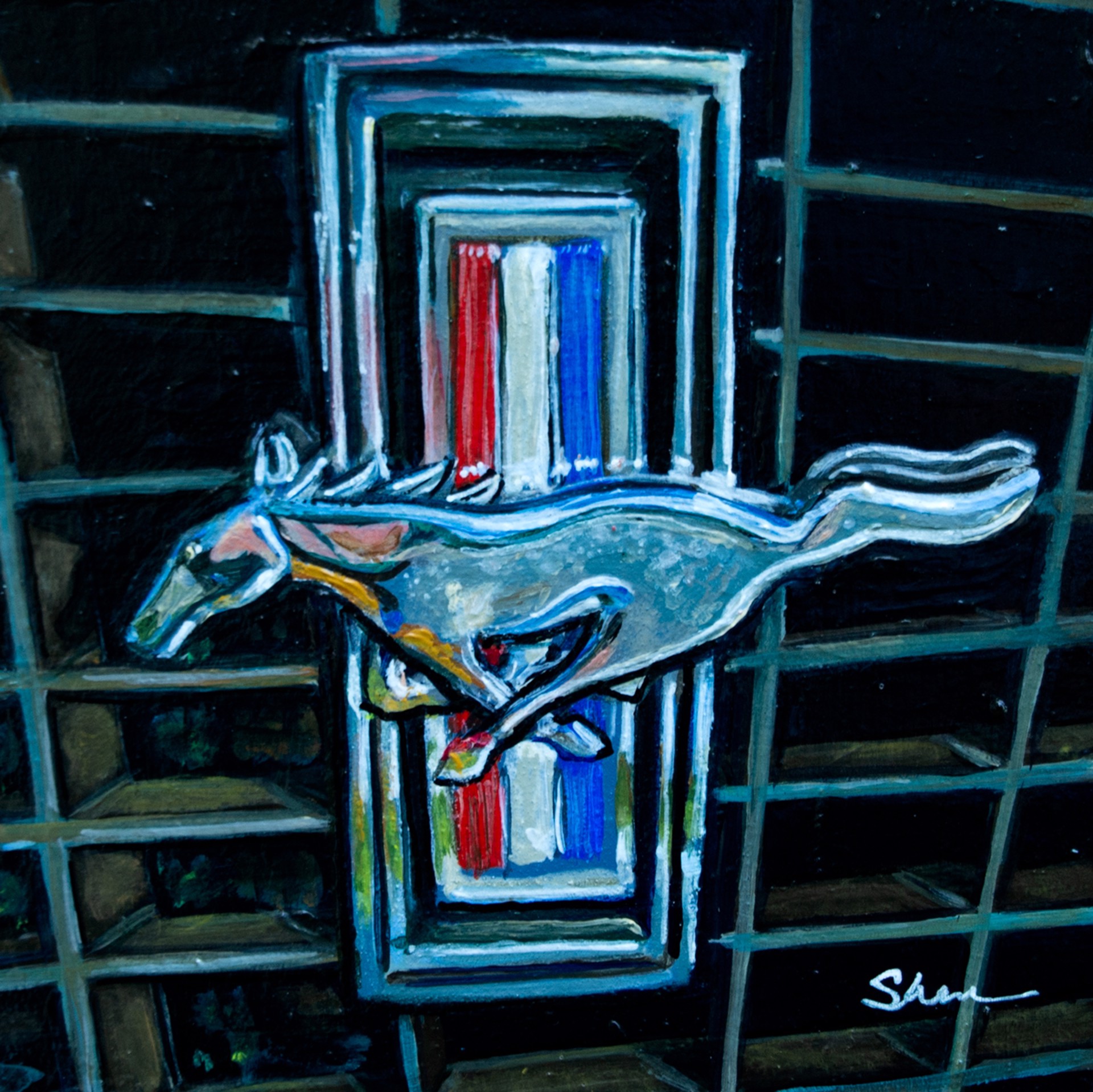 A painting of a horse jumping over a window.