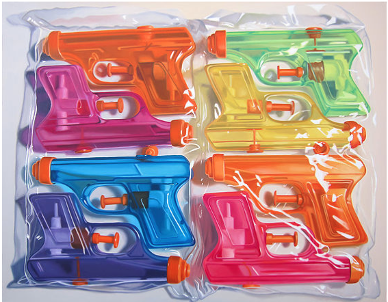 A bunch of plastic water guns in a bag.