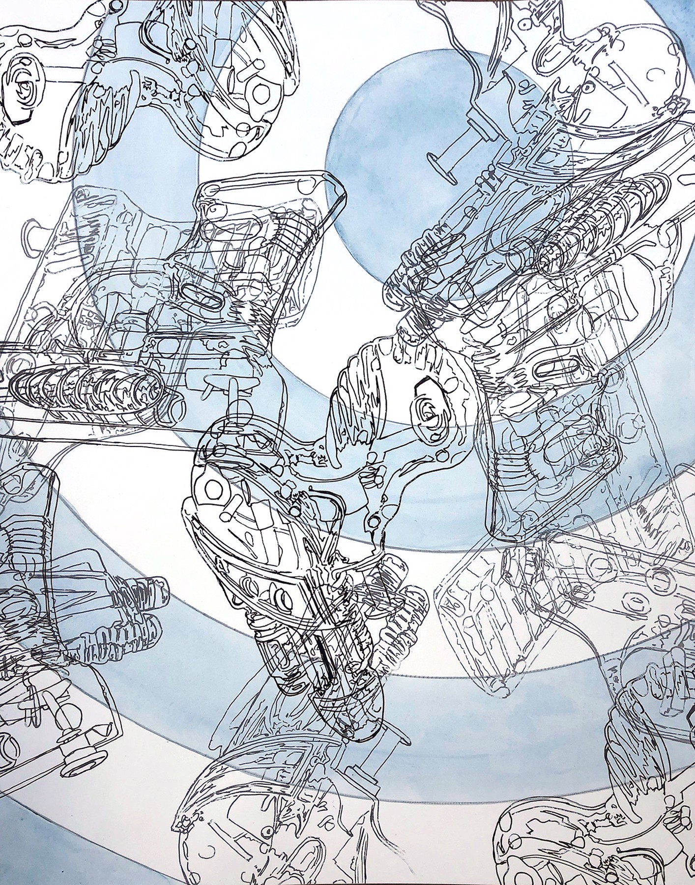 A drawing of a group of robots in a room.