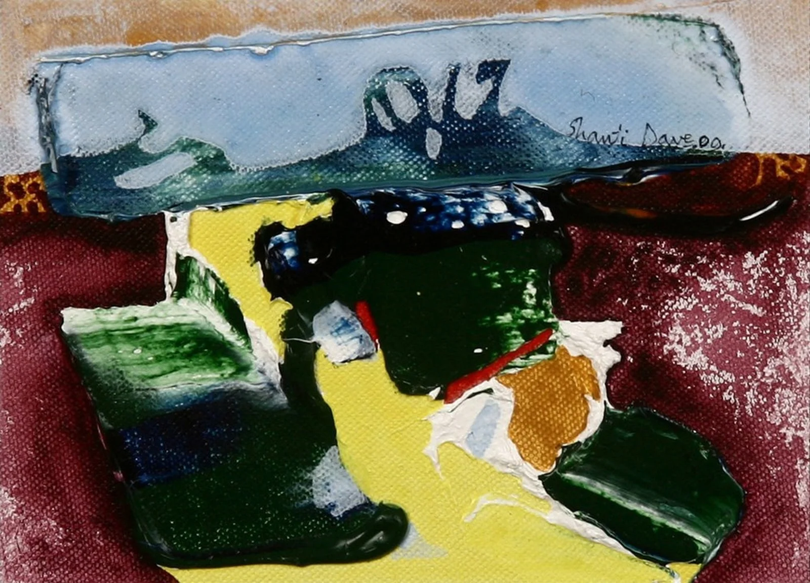 A colorful abstract painting featuring a stylized figure in green and yellow against a textured background.