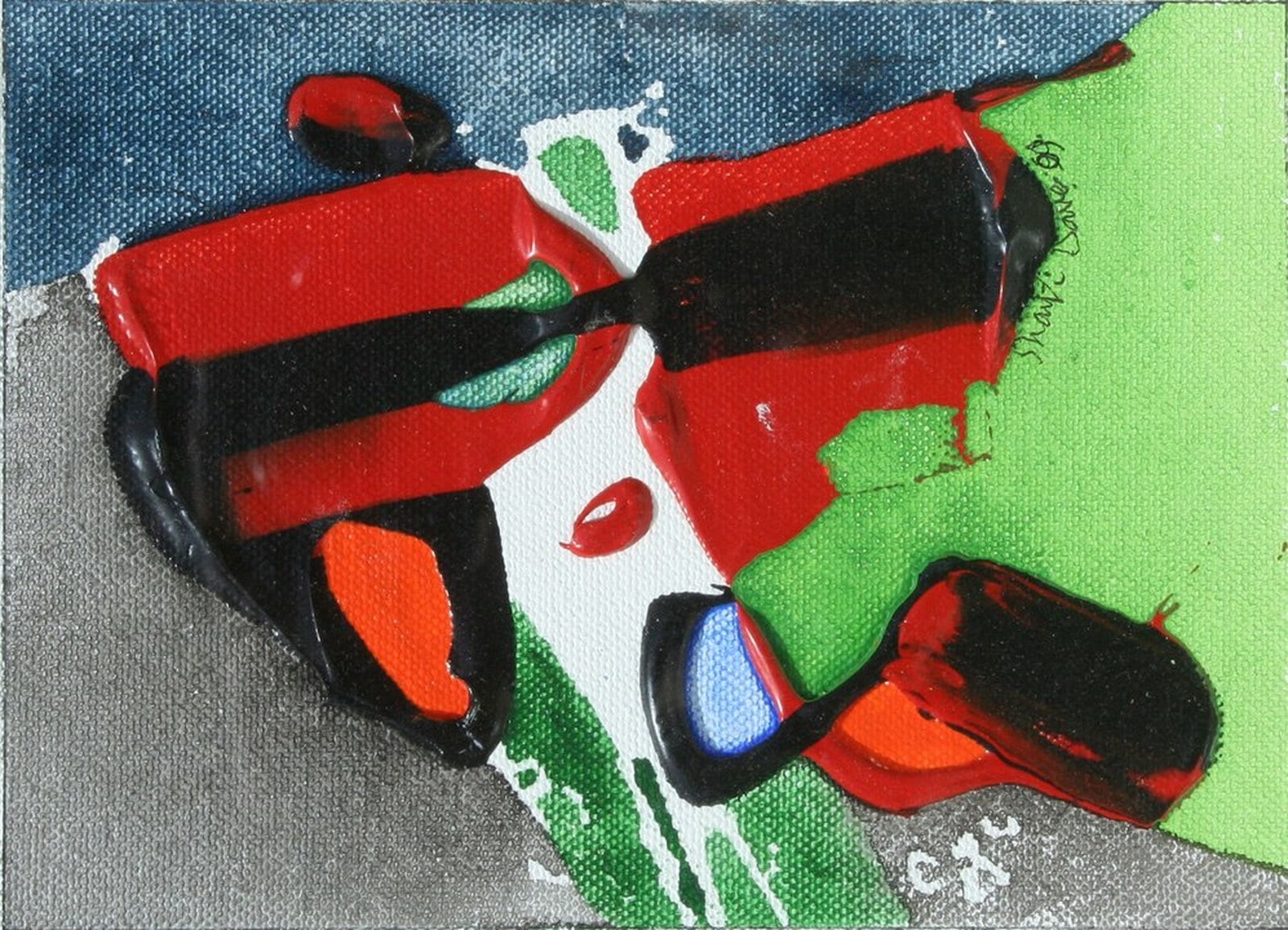 A painting of a red and black car on a green surface.