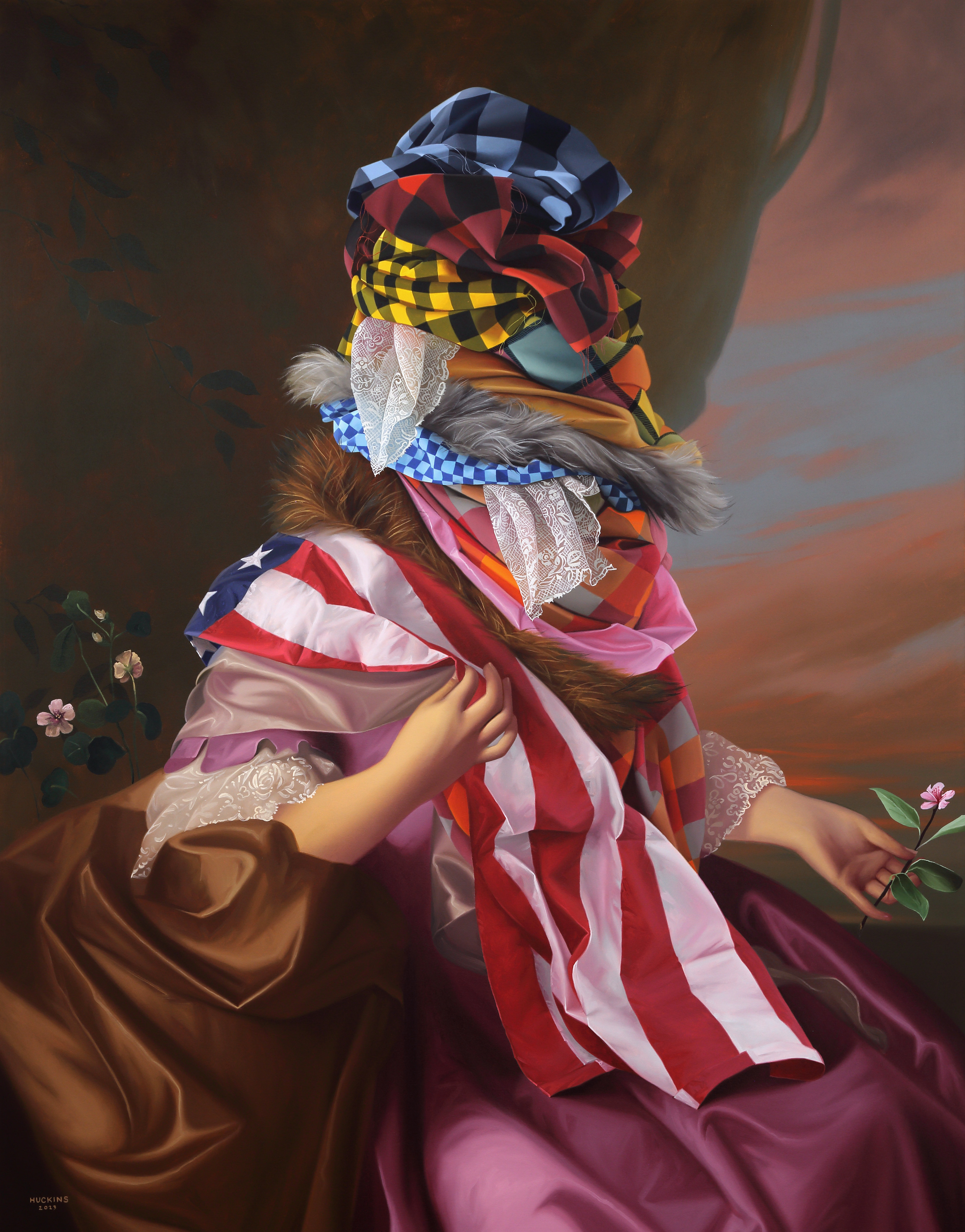 A painting of a woman in a dress with a scarf around her neck.