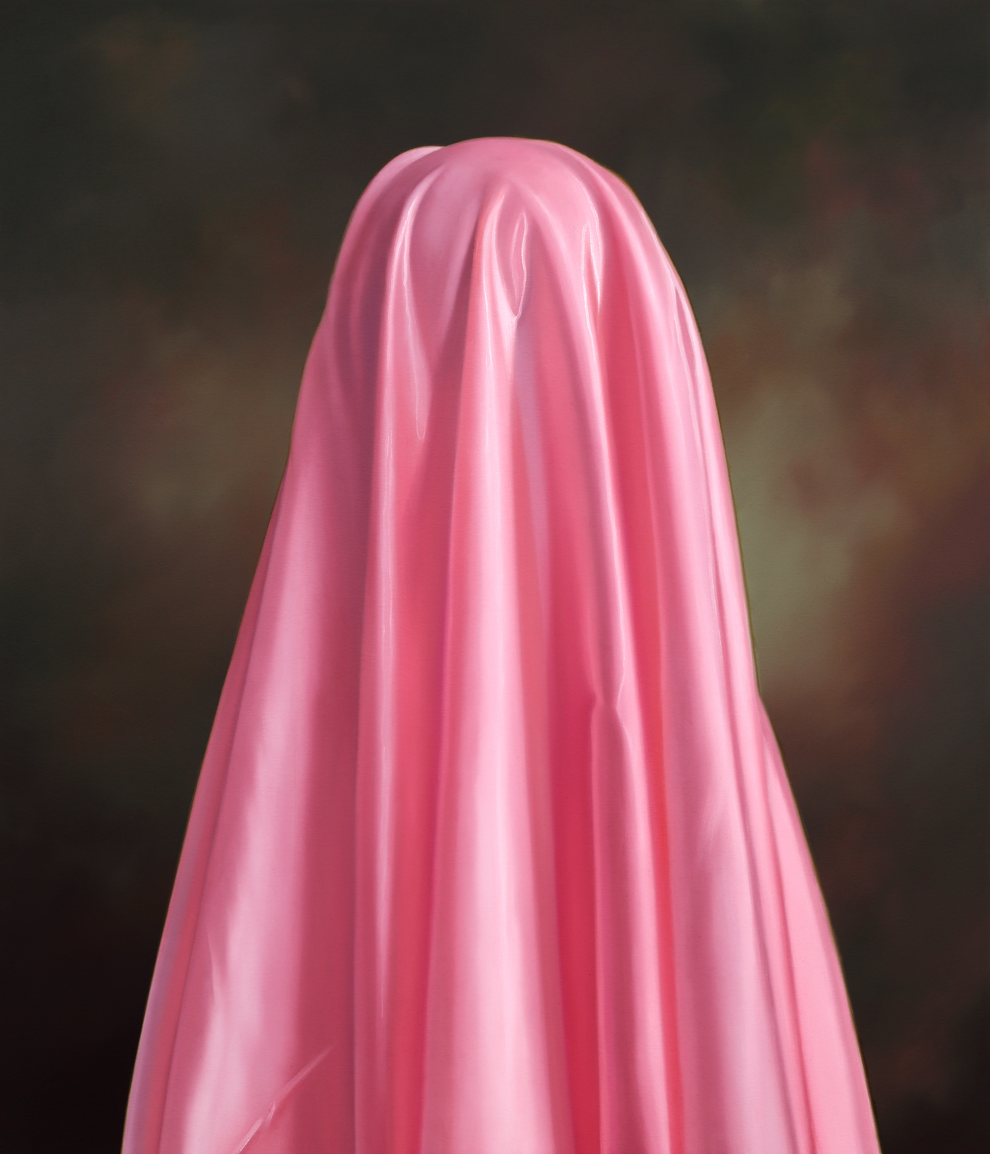 A painting of a woman wearing a pink veil.