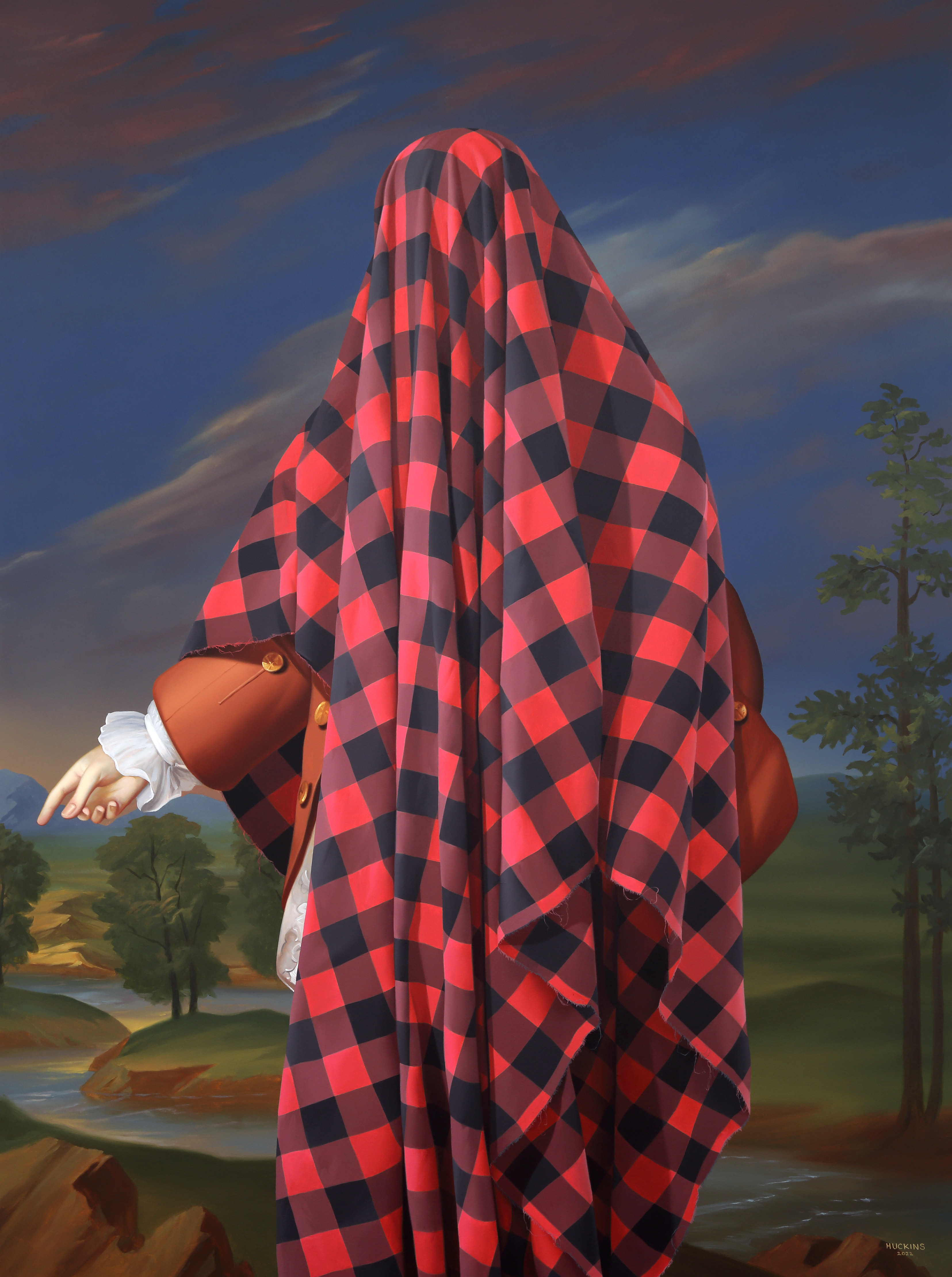 A painting of a woman in a red and black plaid shawl.