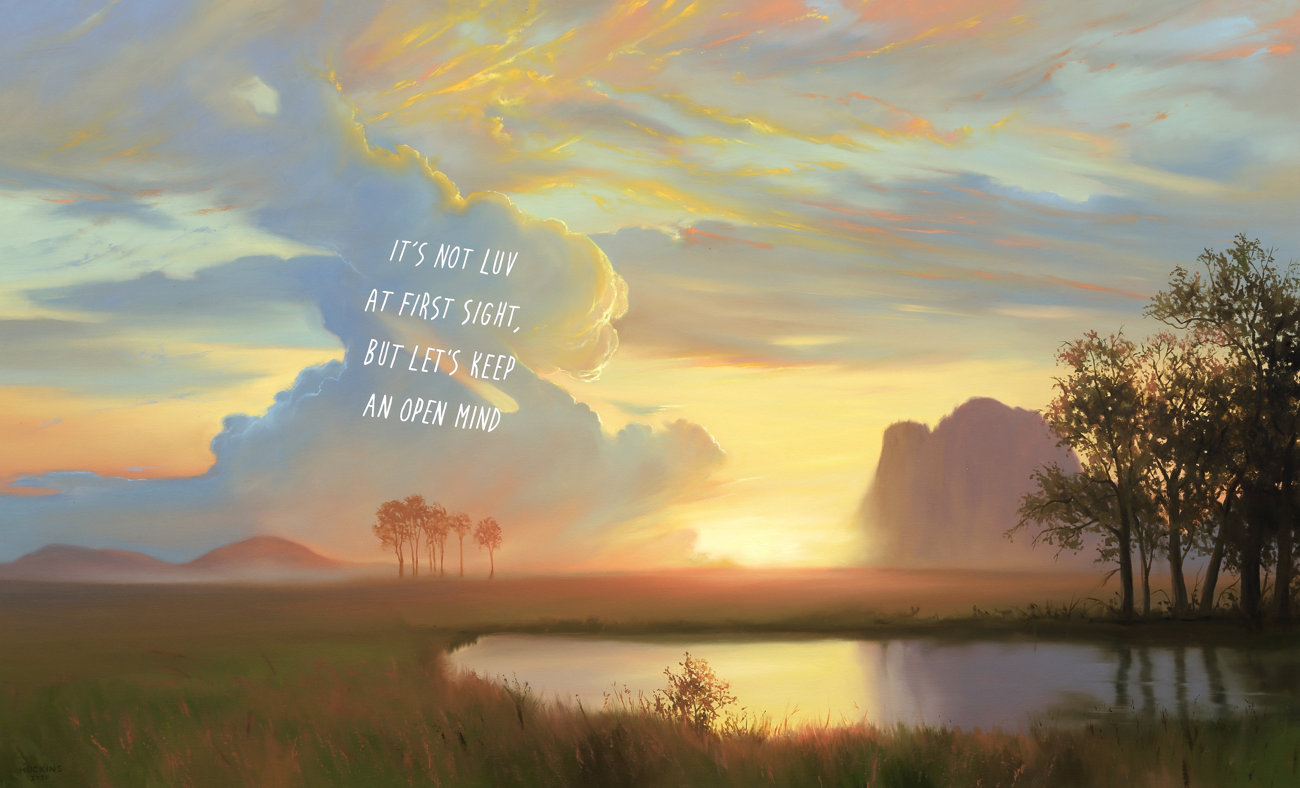 A painting of a sunset with a quote on it.