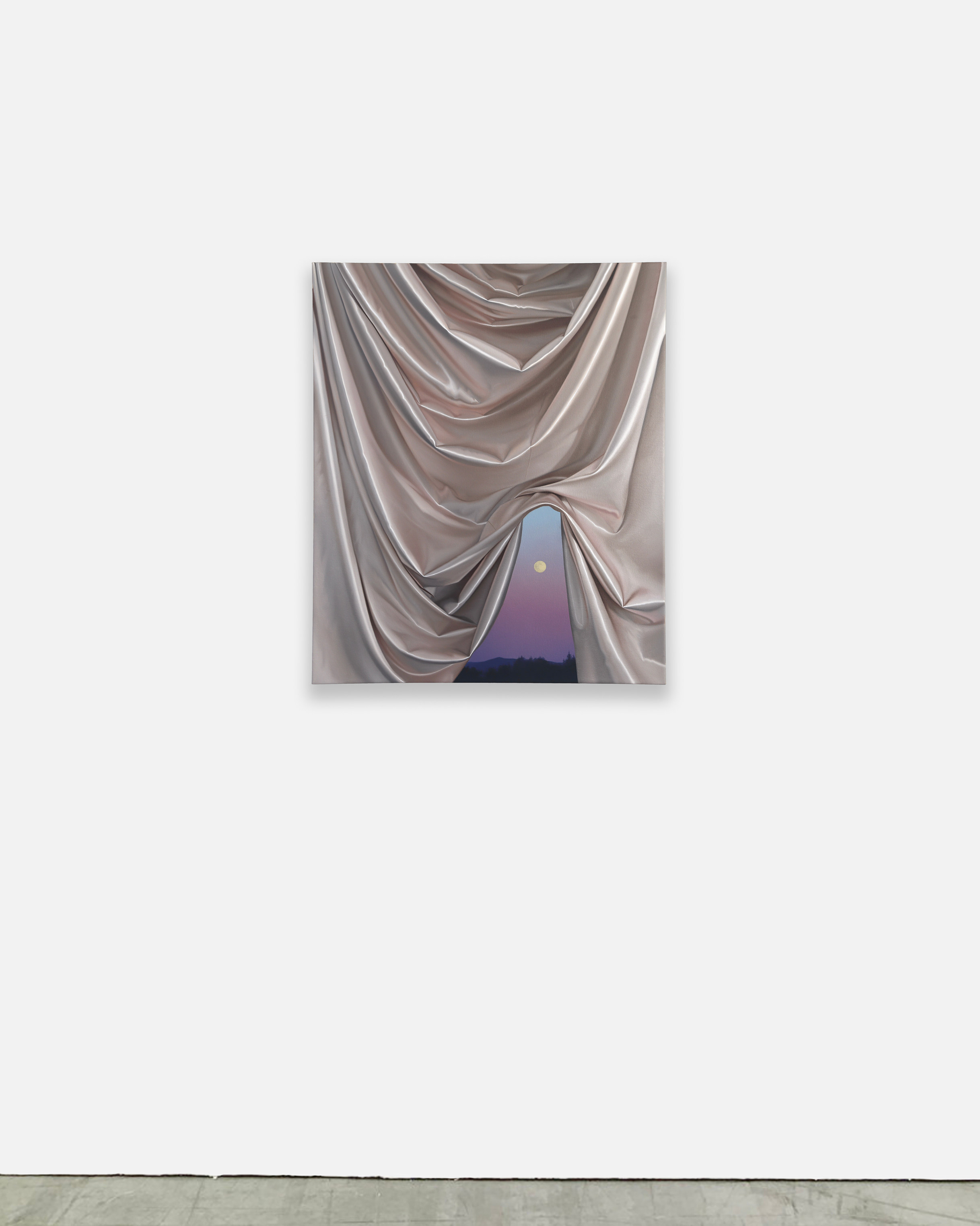 A painting of a curtain with a full moon in the background.