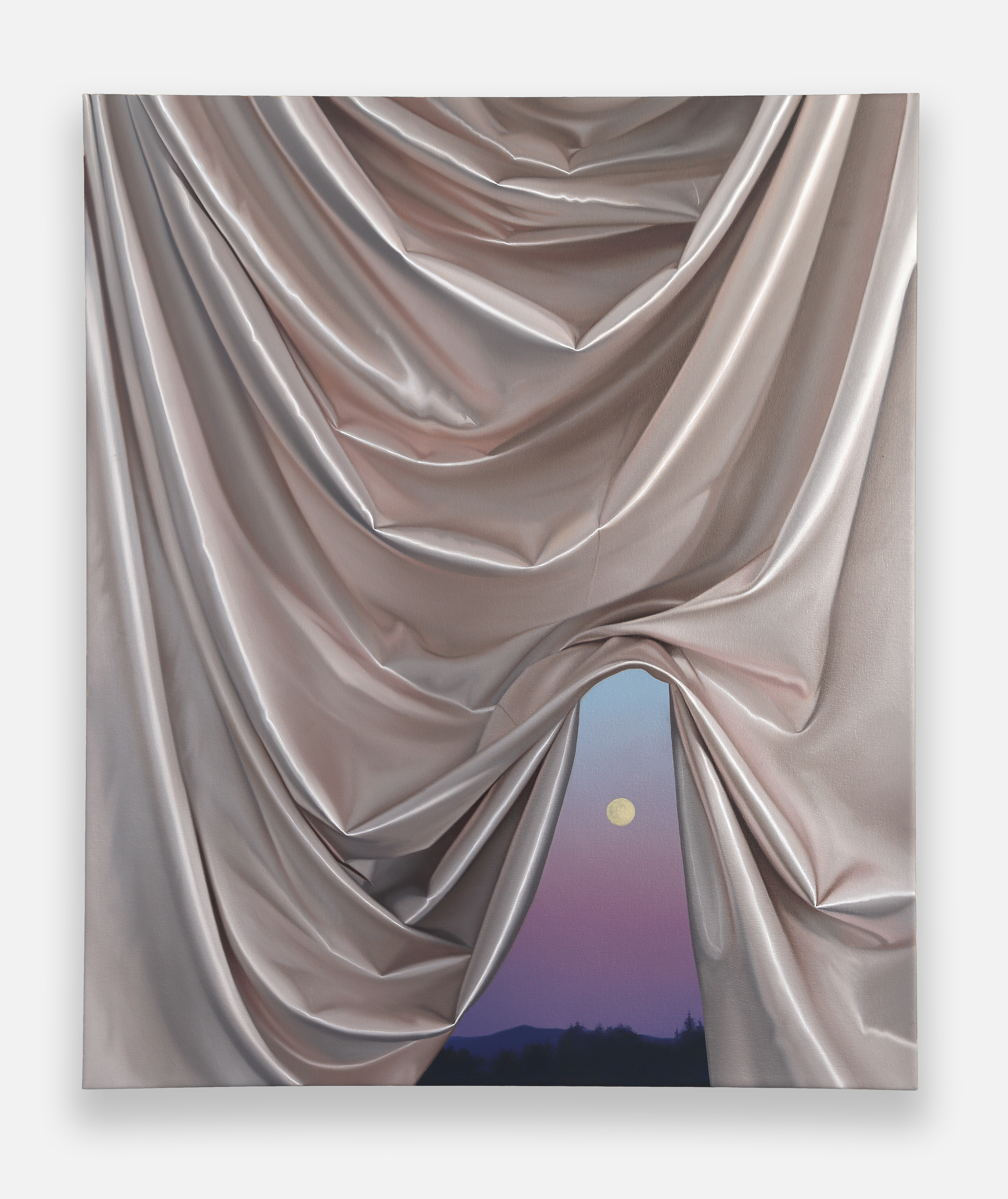 A painting of a curtain with a full moon in the background.