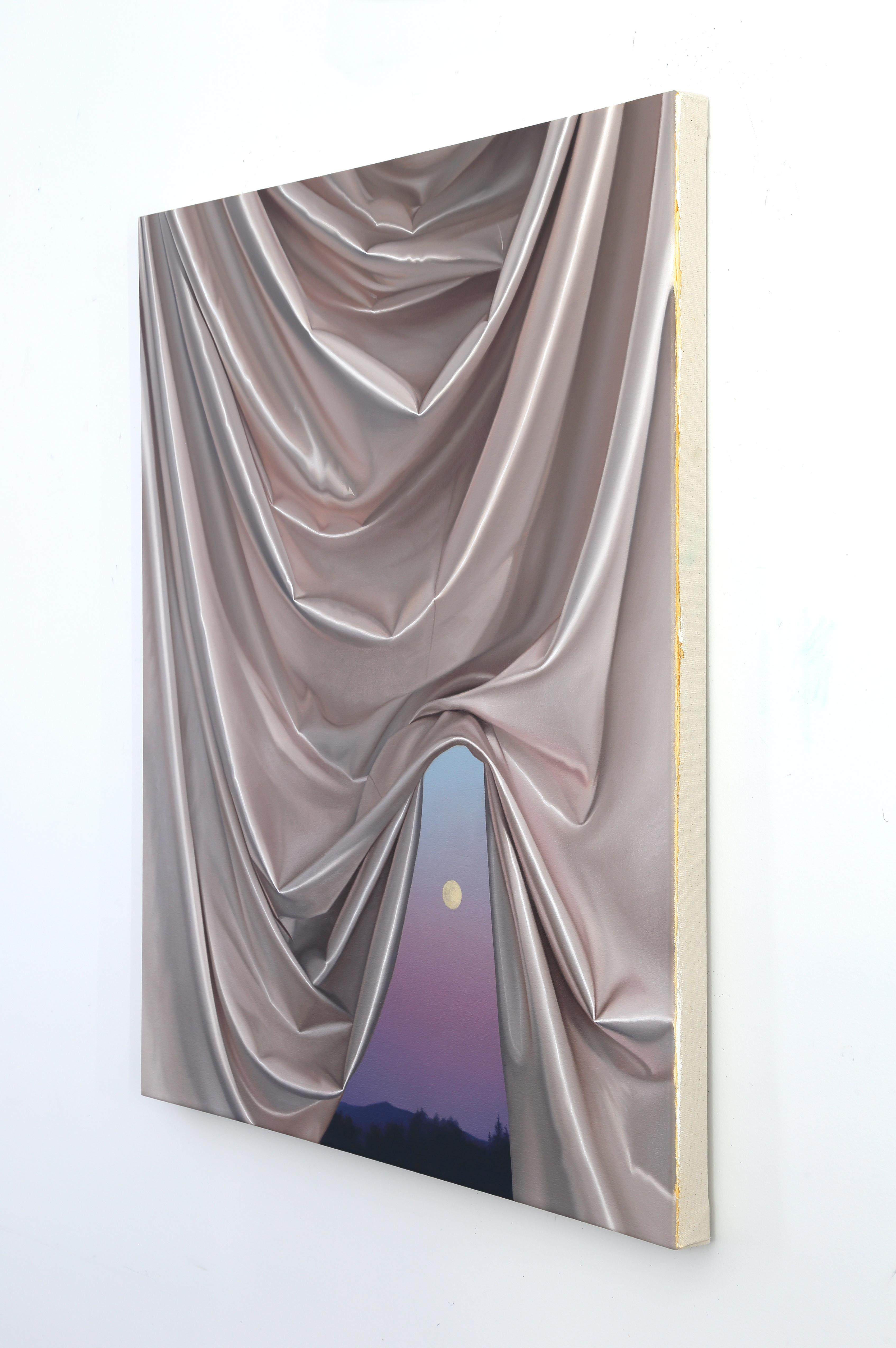 A painting of a curtain with a full moon in the background.
