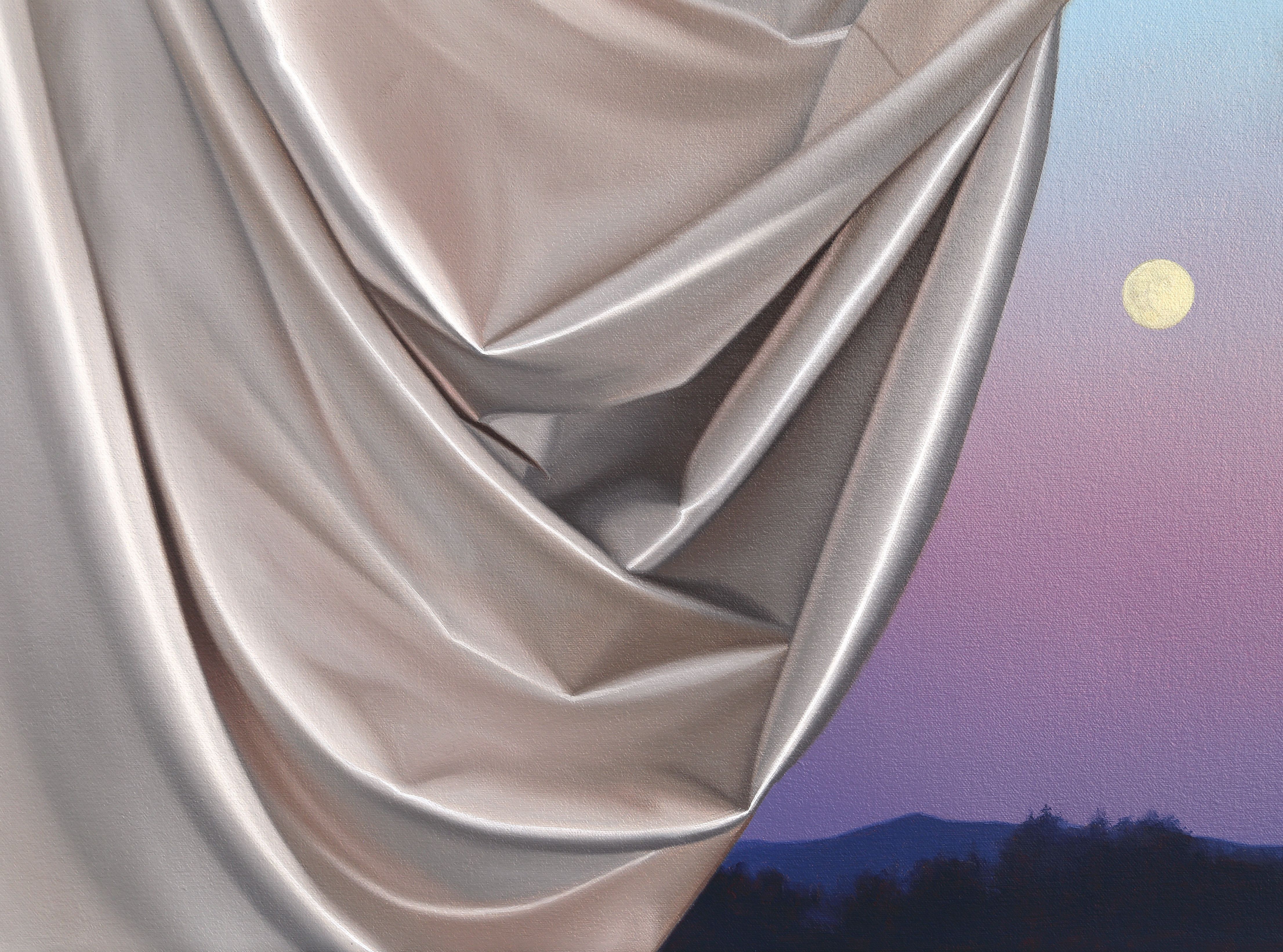 A painting of a curtain with a full moon in the background.