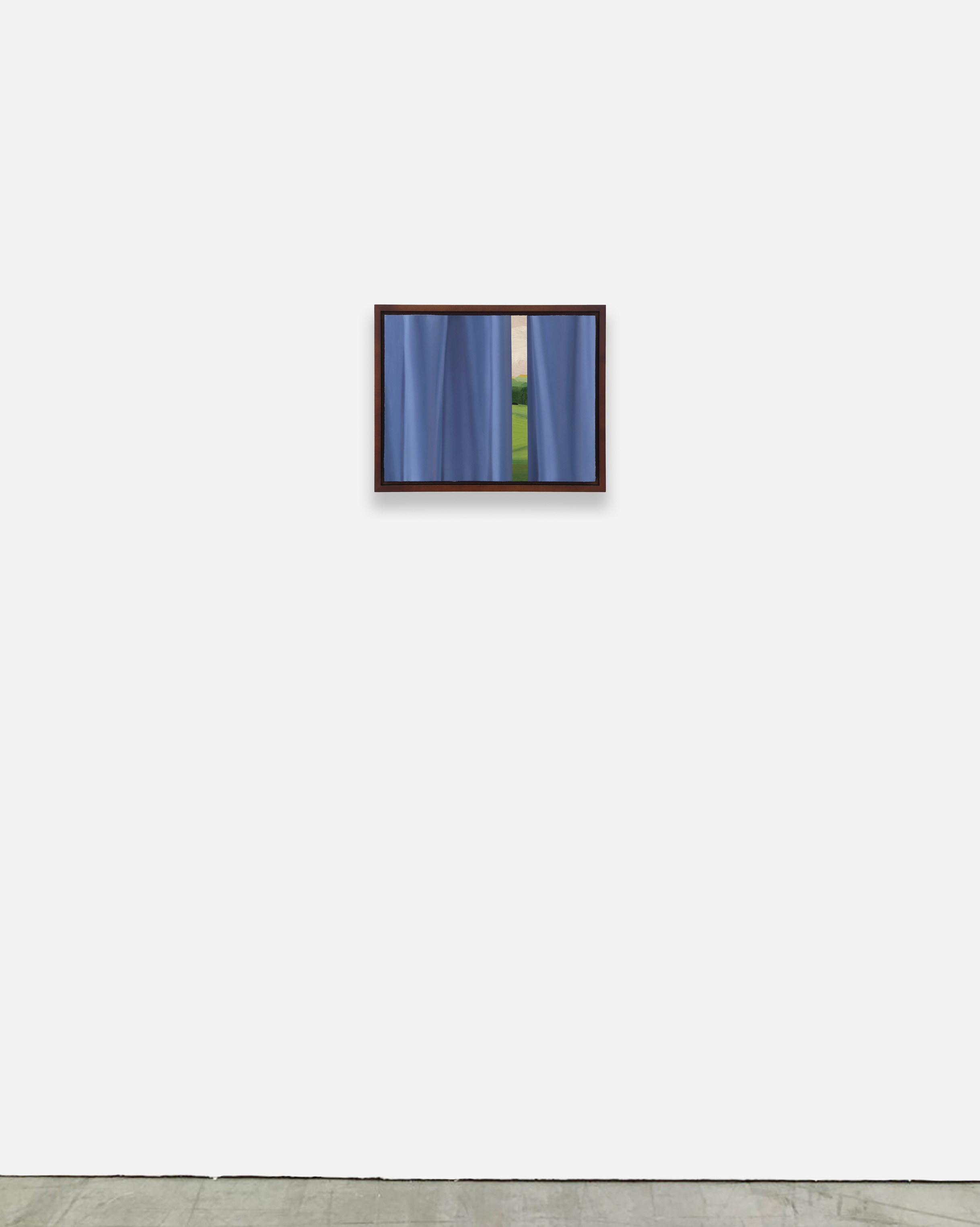 A painting of a window with a view of a green field.