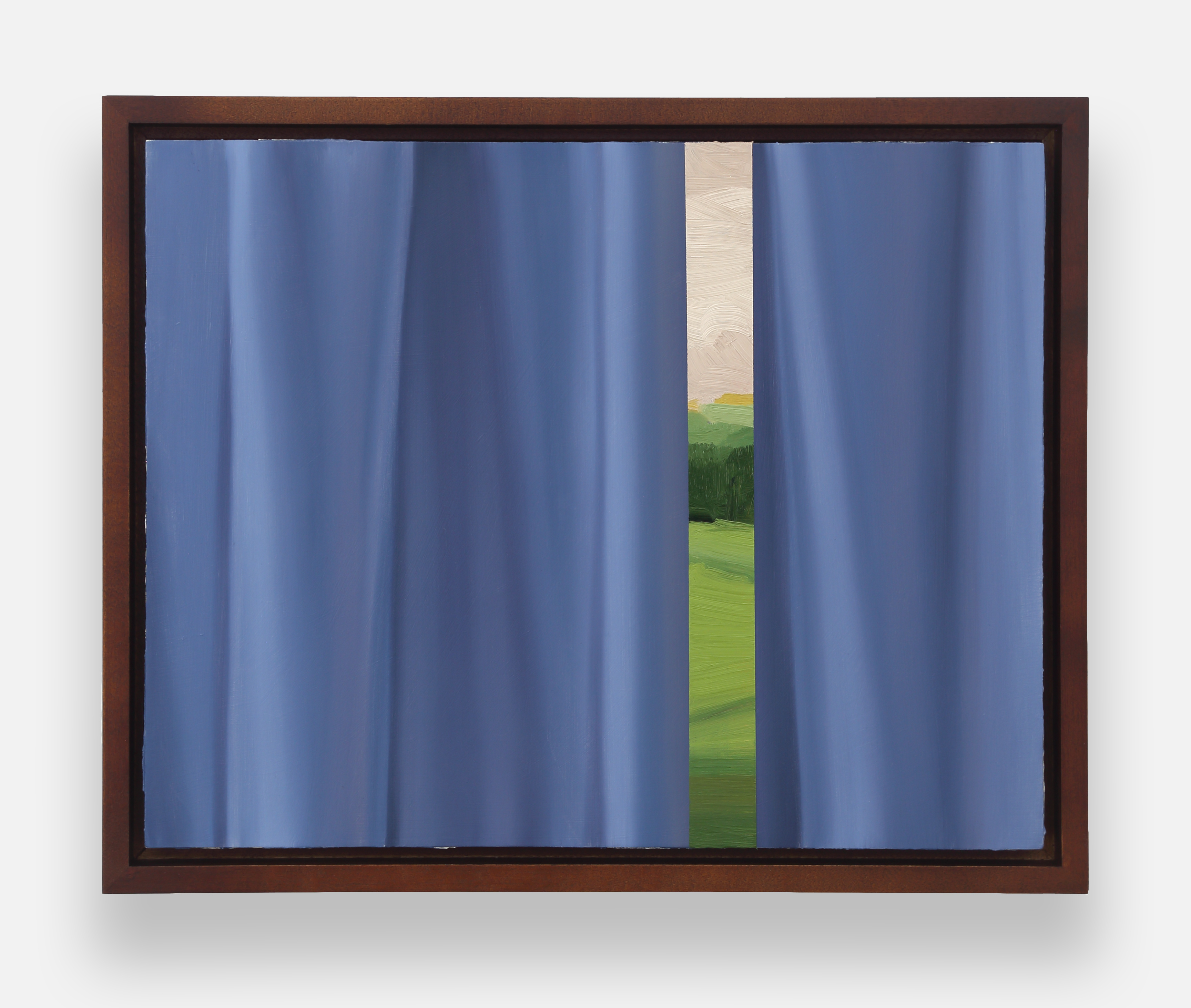 A painting of a window with a view of a green field.