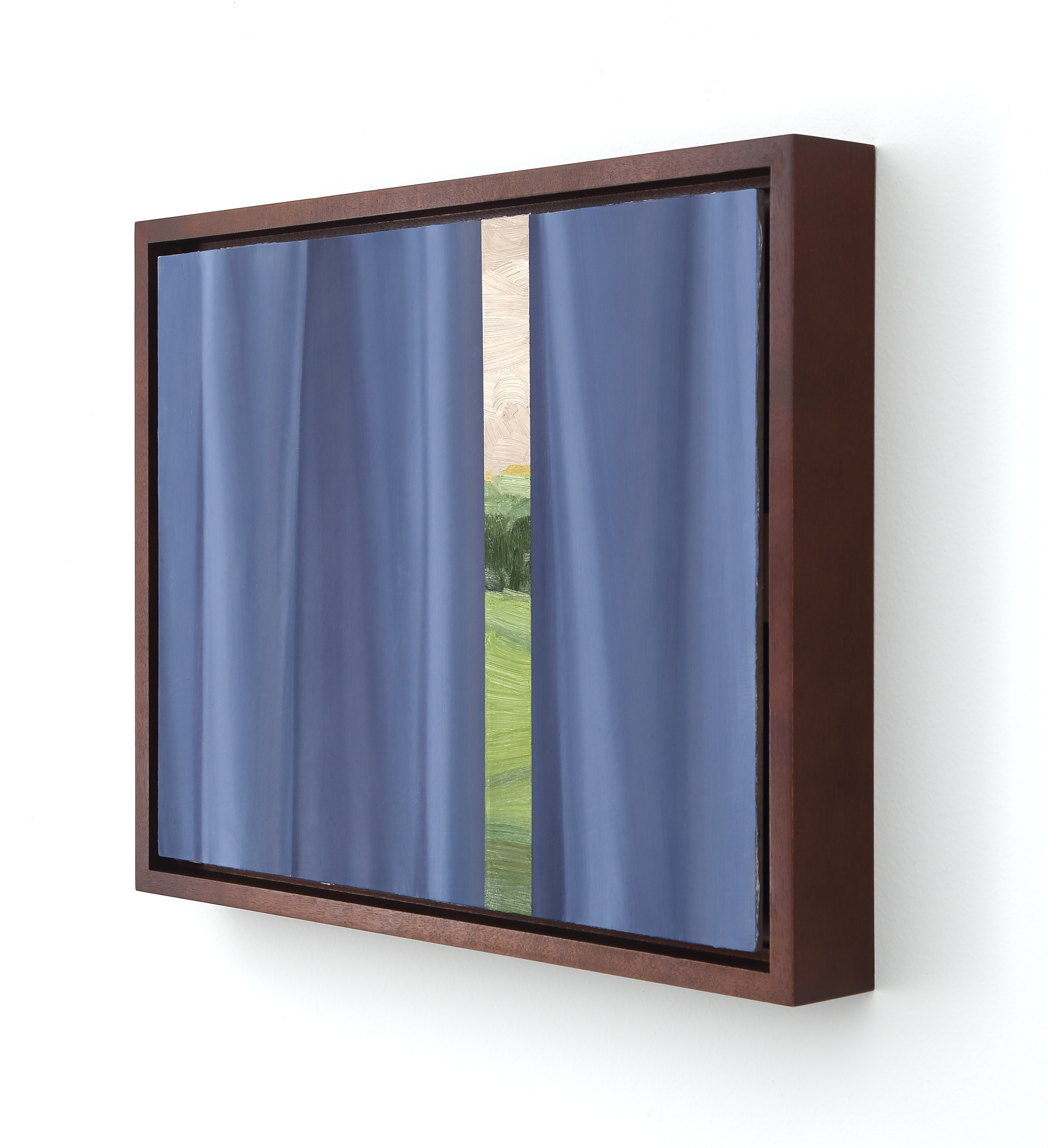 A painting of a window with a view of a green field.