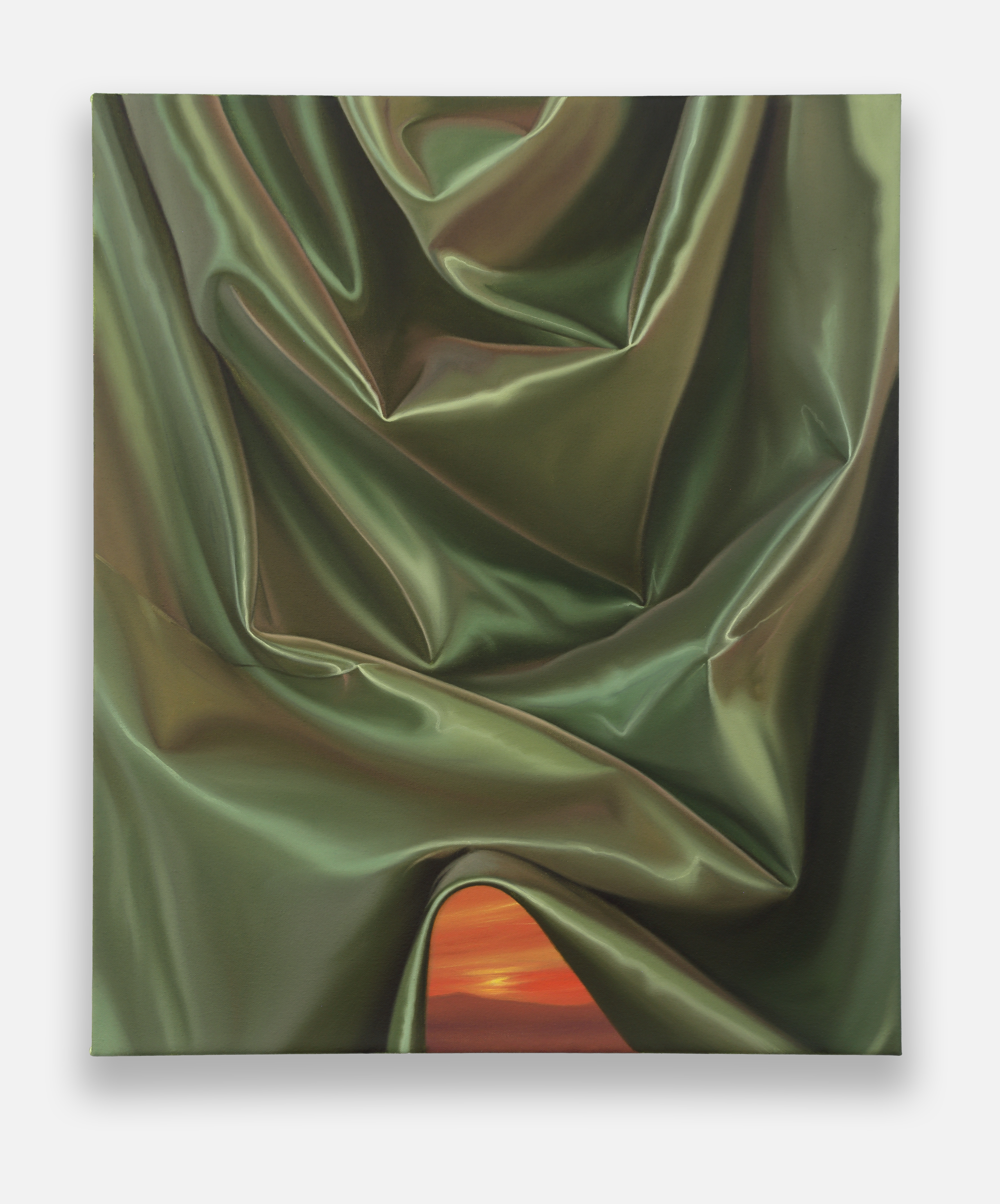 A painting of a green fabric with a sunset in the background.