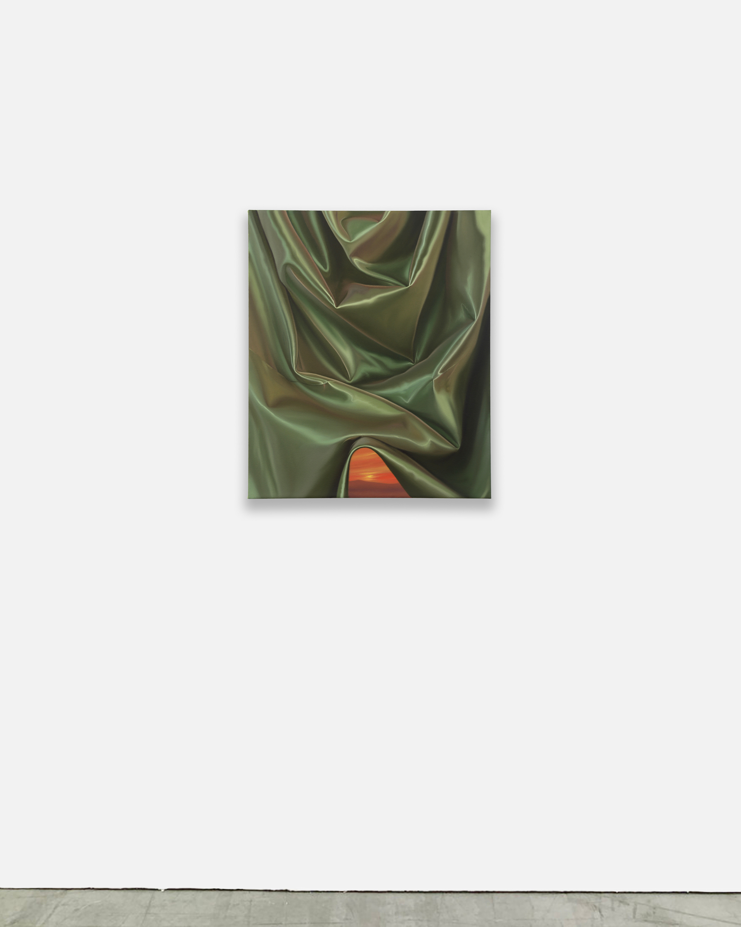 A painting of a green fabric with a sunset in the background.