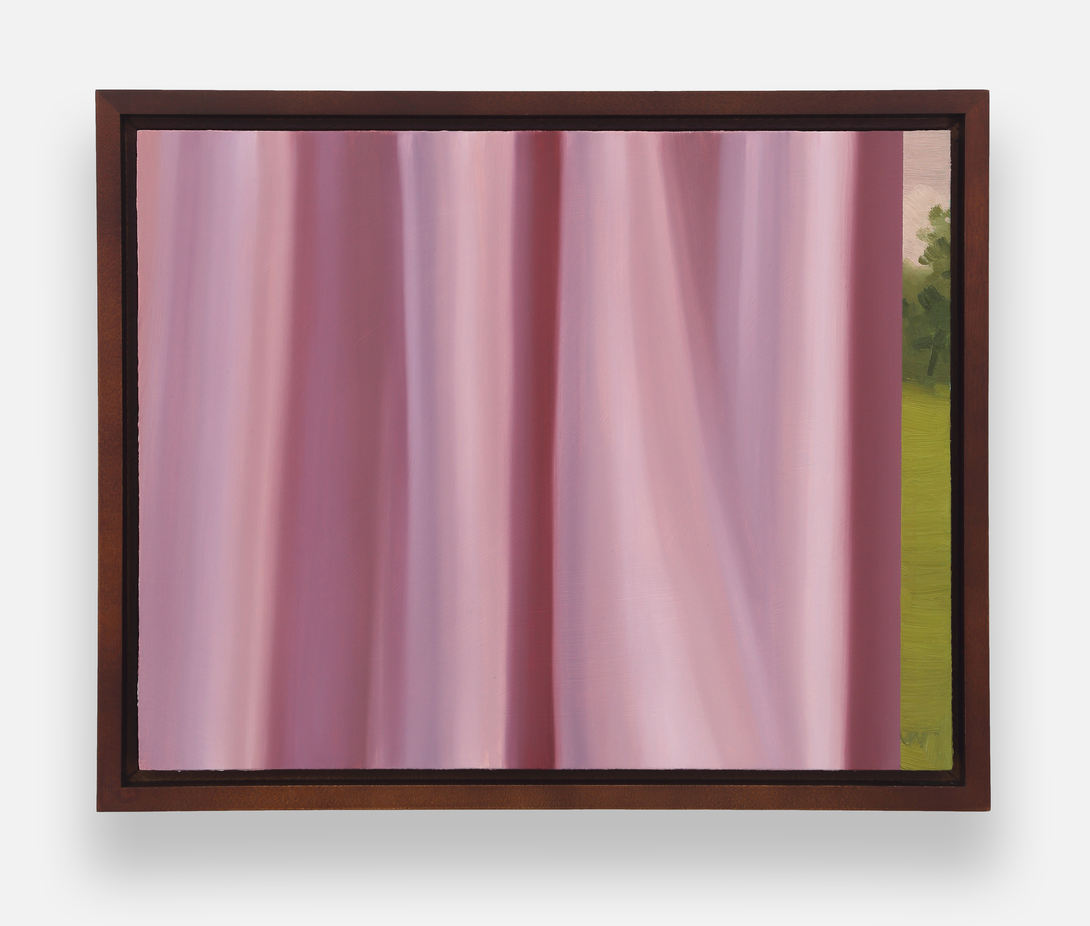 A painting of a pink curtain with a green field in the background.