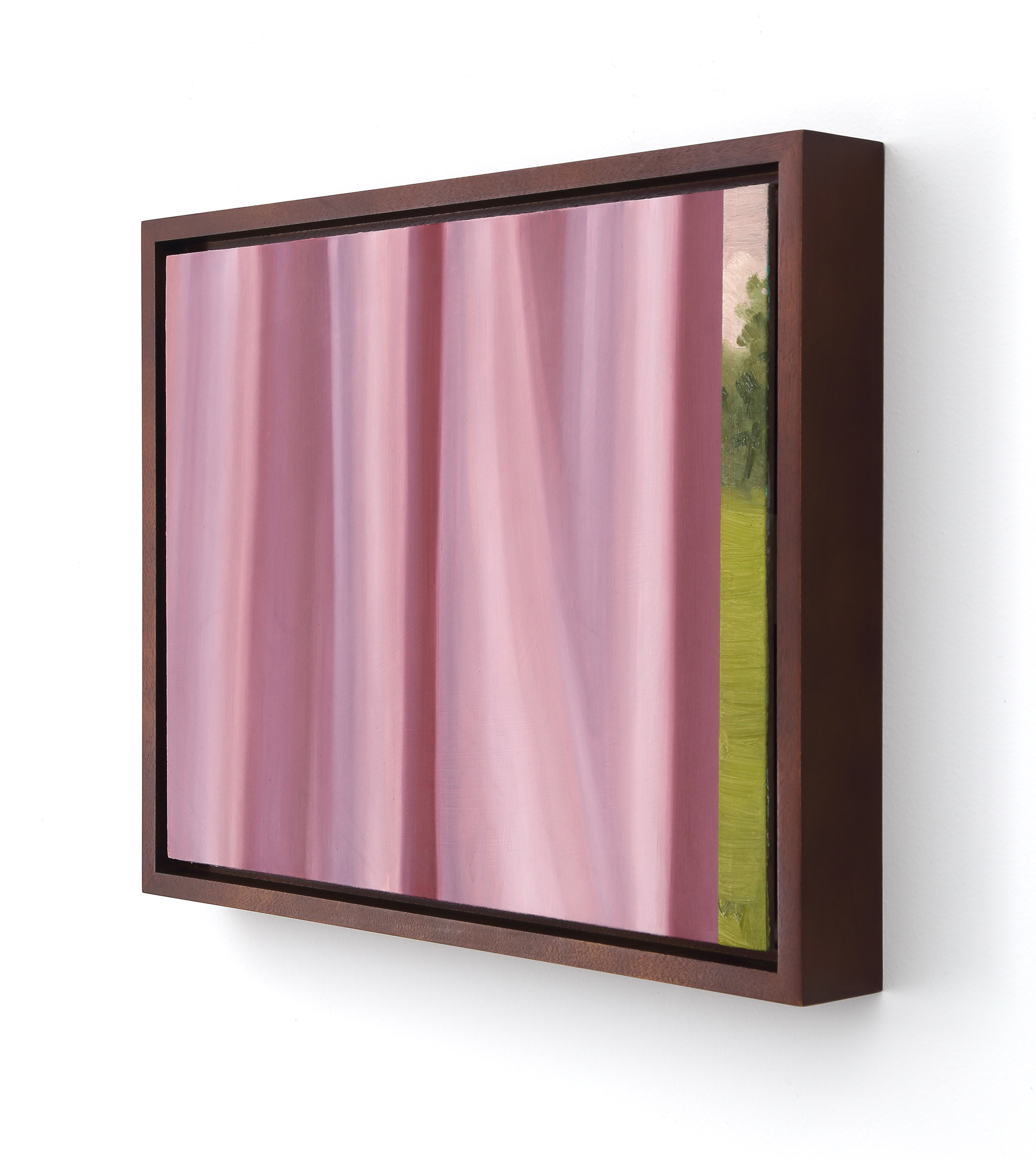 A painting of a pink curtain with a green field in the background.